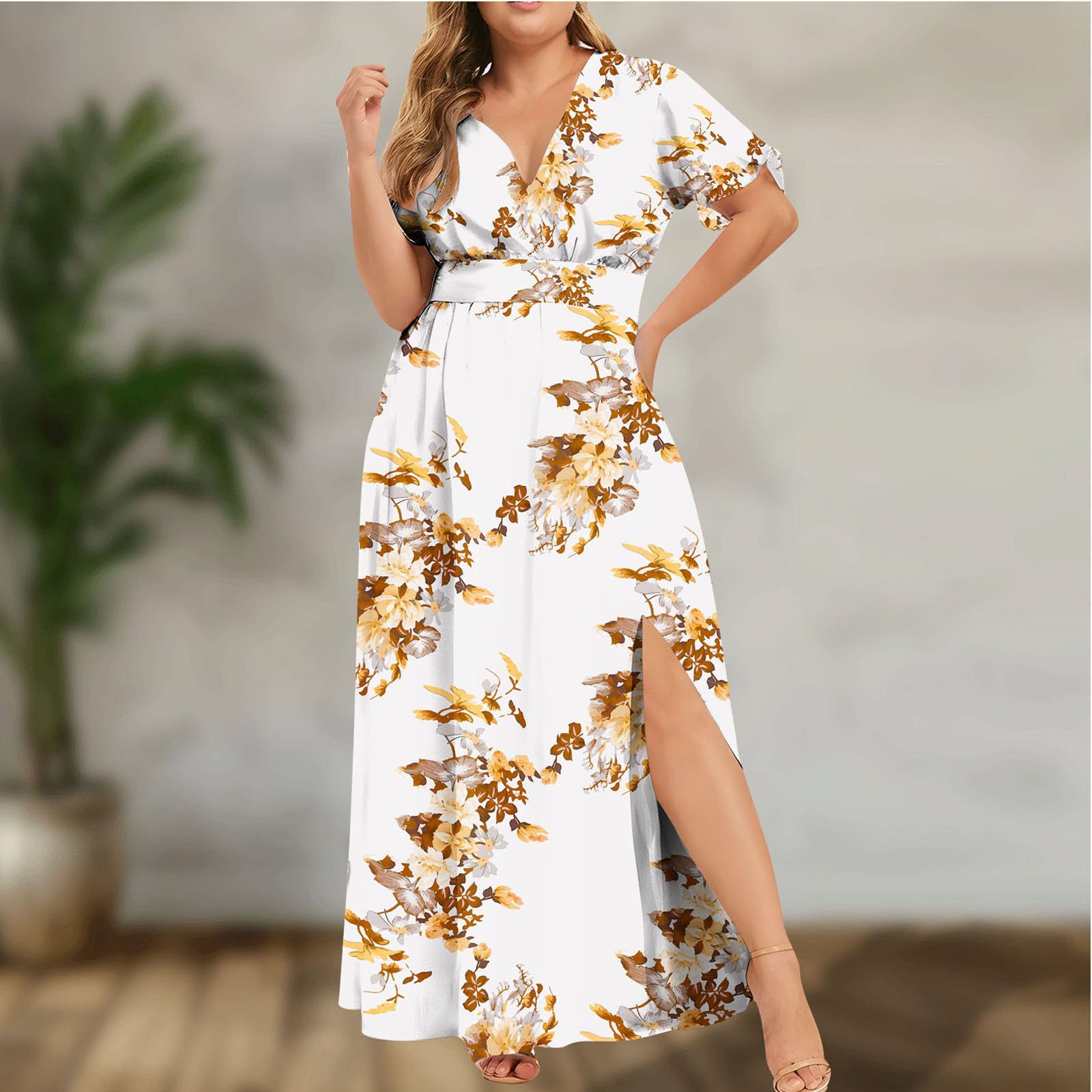 **Plus Size Summer Dresses for Women - Short Sleeve V-Neck Floral Maxi Dress with Empire Waist & Side Slit | Wedding Guest, Beach, Vacation & Casual Wear**