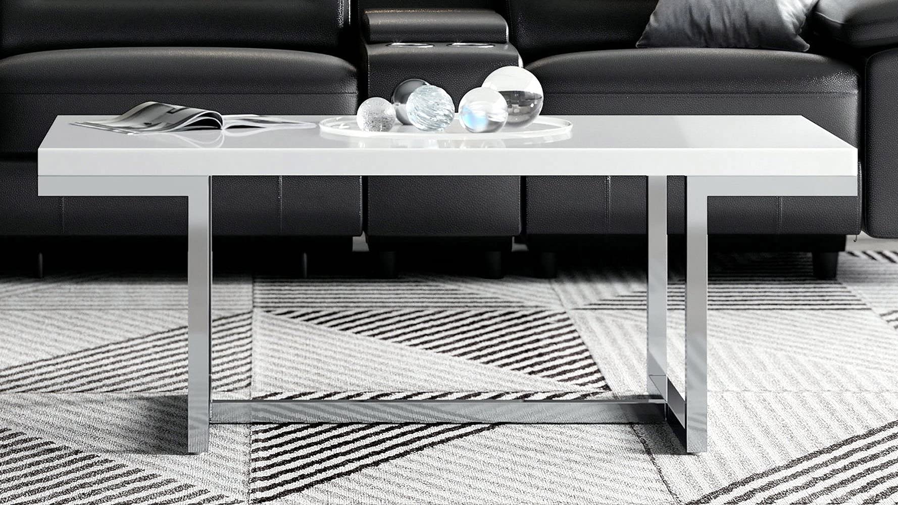 Modern ZURI Straz Coffee Table - Glossy White Lacquer Top with Polished Stainless Steel Base - Perfect for Living Room, Lounge & Office Decor