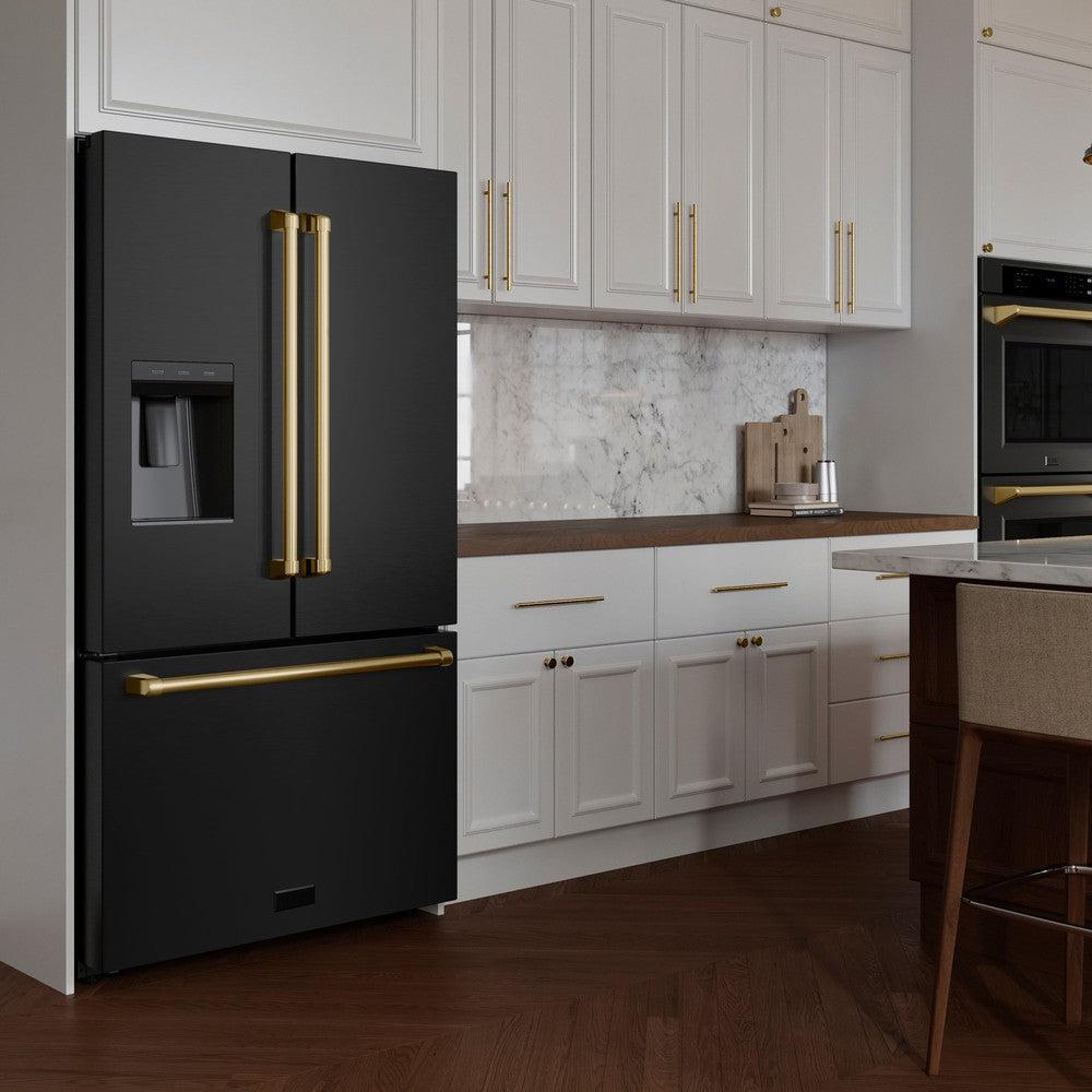 ZLINE Autograph Edition 36 Inch French Door Refrigerator - 28.9 cu ft Capacity, External Water Dispenser, Dual Ice Maker, Fingerprint Resistant Black Stainless Steel with Polished Gold Handles (RSMZ W 36 BS G) - Perfect for Modern Kitchens, Entertaining & Large Family Storage