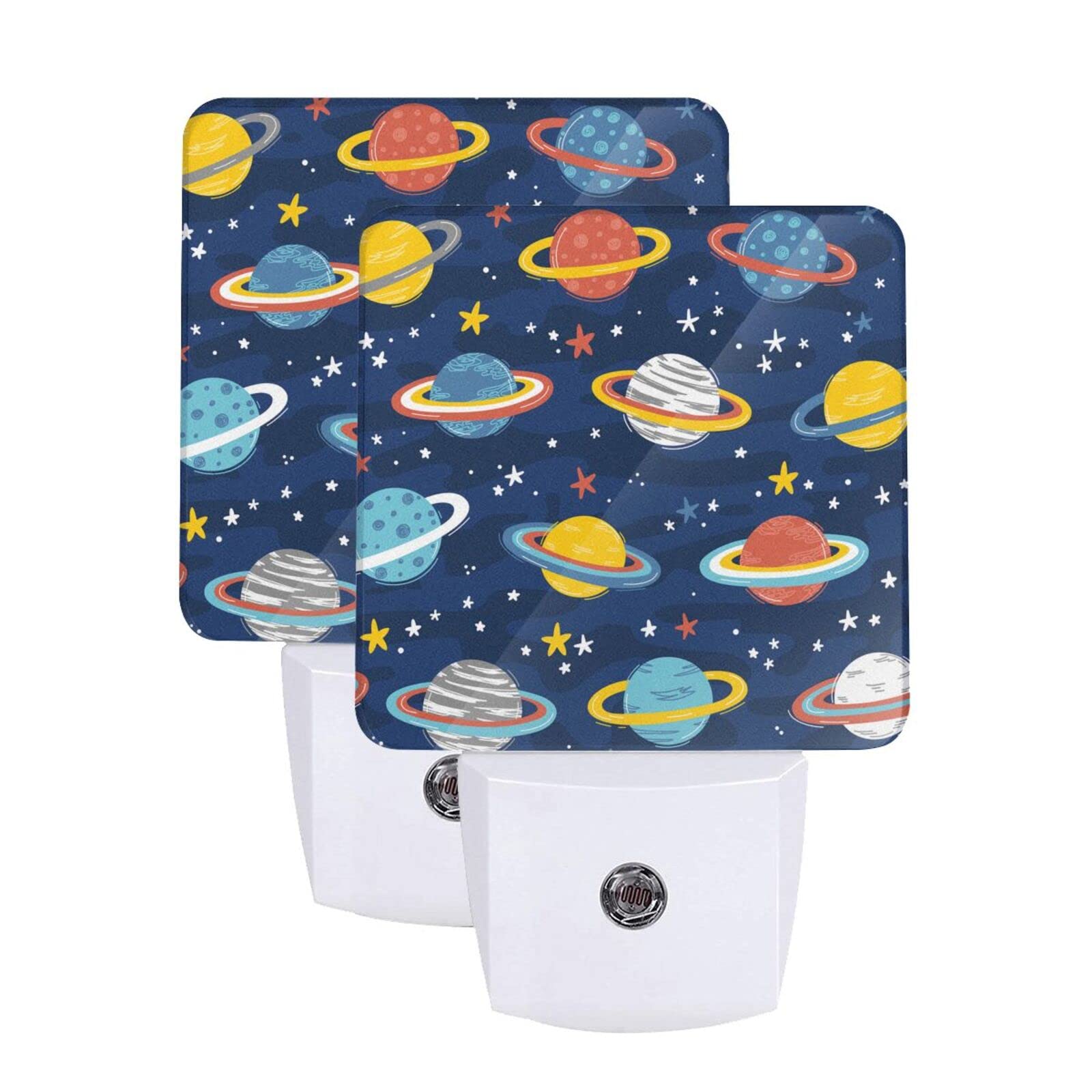 2-Pack Cartoon Space Saturn Planet LED Night Light with Auto Dusk-to-Dawn Sensor - Plug-in Kids Room Decor, Nursery Lamp, Bedside Light for Children & Adults - Perfect for Bedrooms, Hallways, and Nighttime Safety
