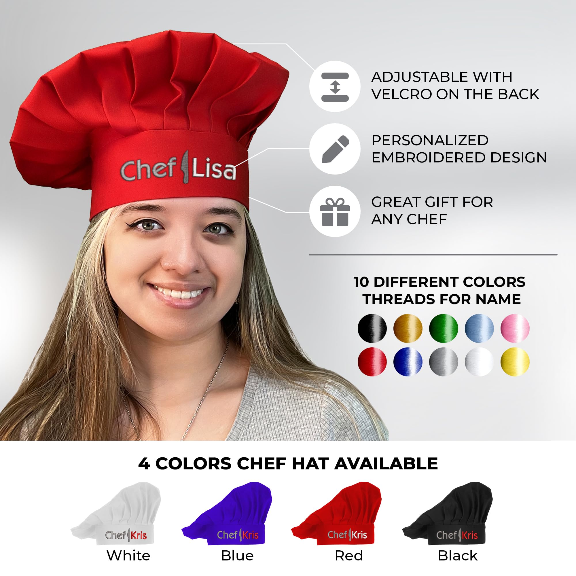 Custom Embroidered Chef Hat - Adjustable Velcro Back Chef Cap for Bakers & Kitchen Professionals | Perfect for Cooking, Baking, Catering & Culinary Events