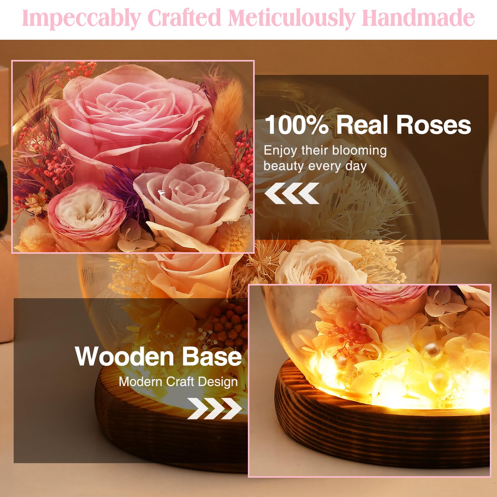 Preserved Roses in Glass Dome with LED Light - Perfect Gift for Women, Mom, Grandma - Mother's Day, Birthday, Valentine's Day Present (Pink) | Home Decor, Wedding Centerpiece, Romantic Keepsake