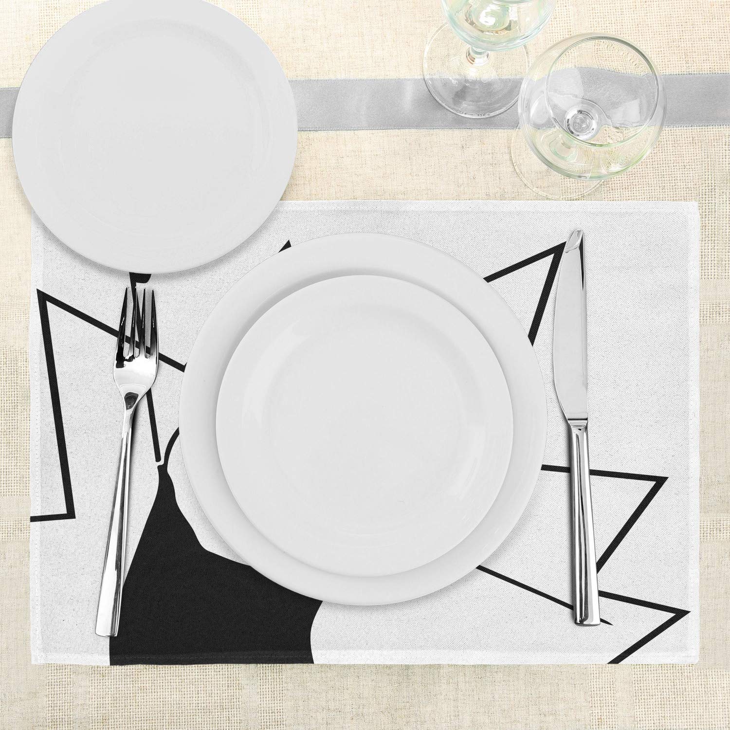 Ambesonne 4-Pack Humor Place Mats Set - Happy Stick Meme Troll Face Cheerful Expression Digital Modern Design - Washable Fabric Placemats for Dining Room & Kitchen Table Decor (Black & White) - Perfect for Parties, Family Dinners & Meme Lovers