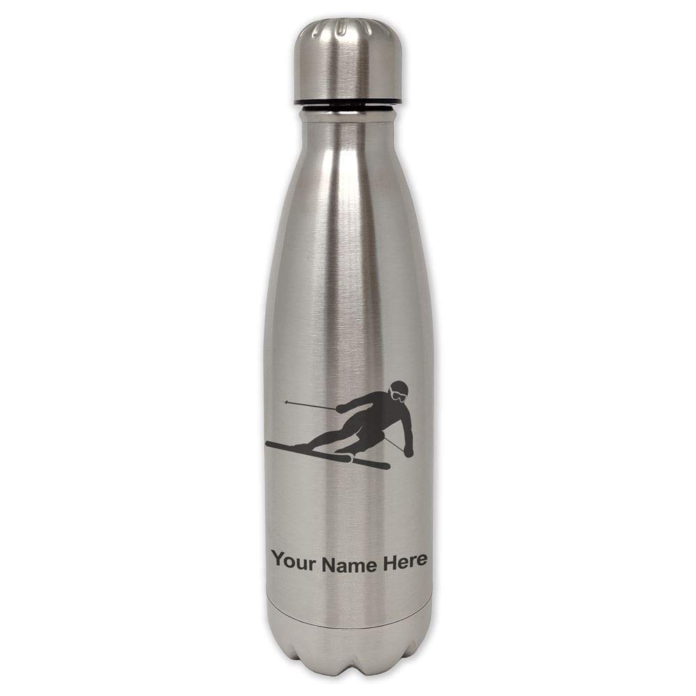 LaserGram Stainless Steel Water Bottle - Personalized Engraved Single Wall Design with Skier Downhill Motif | Perfect for Hiking, Skiing & Outdoor Adventures