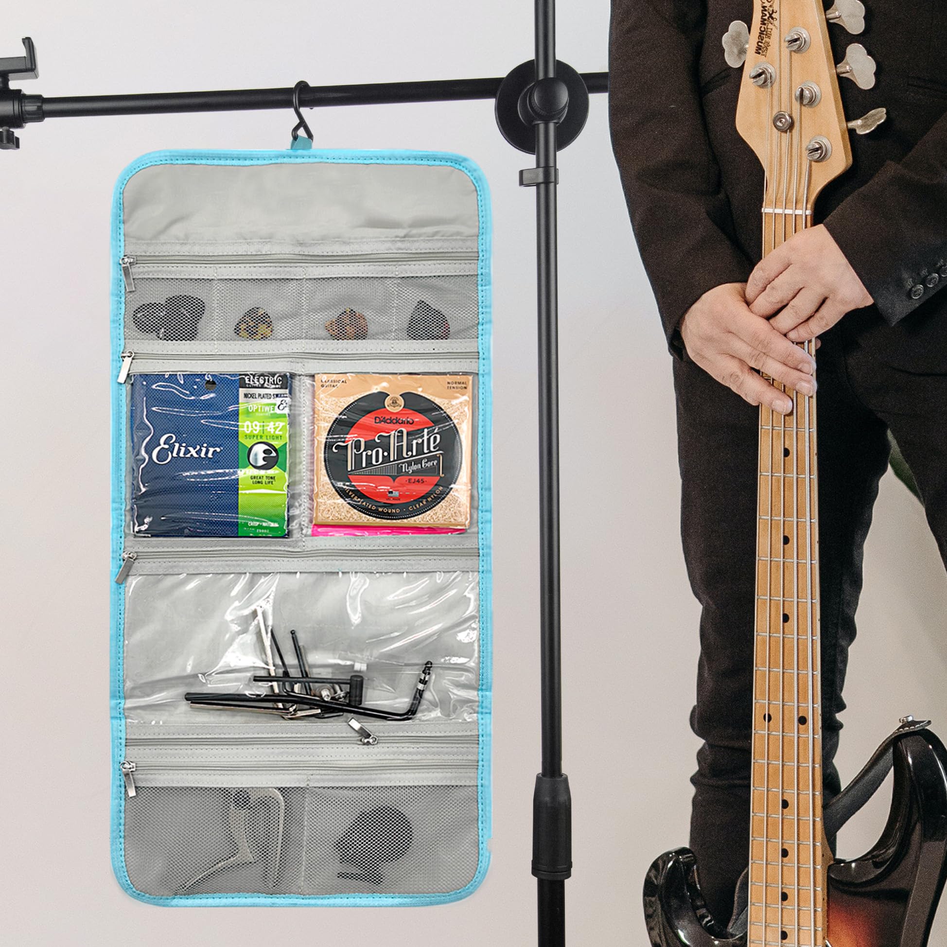 **Foldable Guitar Accessory Organizer Bag with Pockets - Holds Picks, Strap, Capo & Strings - Portable Storage Case (Blue) - Perfect for Travel, Practice & Gig Storage**