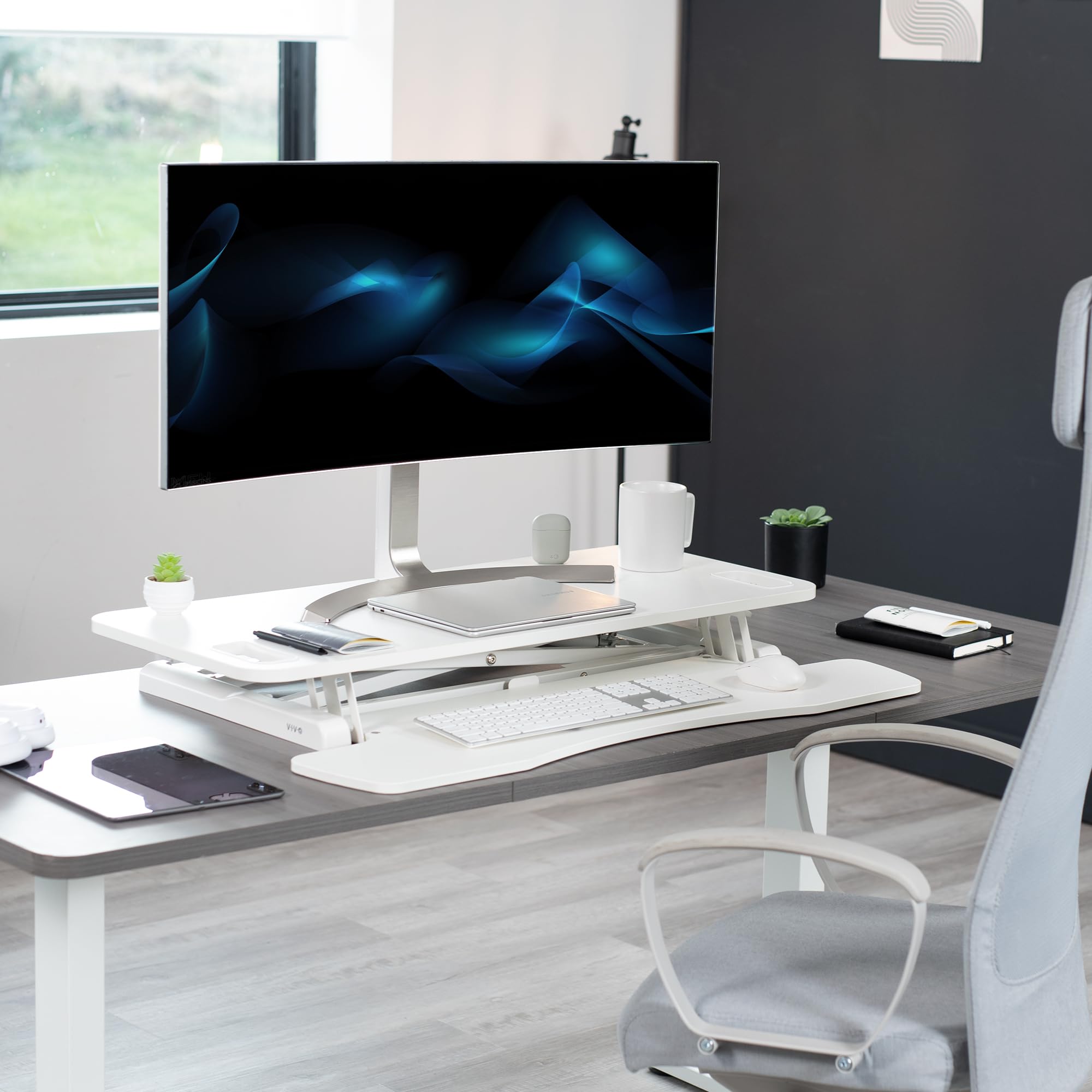 VIVO K Series 38 Inch Height Adjustable Sit to Stand Desk Converter - Dual Monitor & Laptop Workstation with Wide Keyboard Tray, White (DESK-V037KW) - Perfect for Home Office, Gaming & Ergonomic Workspace Setup