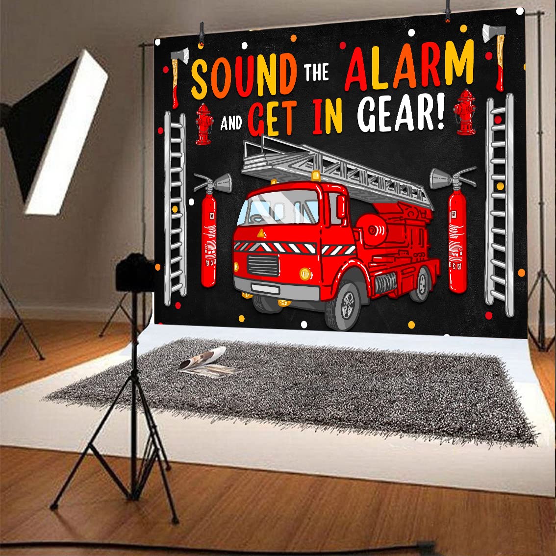 Firetruck Birthday Party Decorations for Boys - Firefighter Backdrop & Sound The Alarm Party Supplies - 7x5ft Red Fire Truck Banner for Kids Birthday, Baby Shower & Themed Events