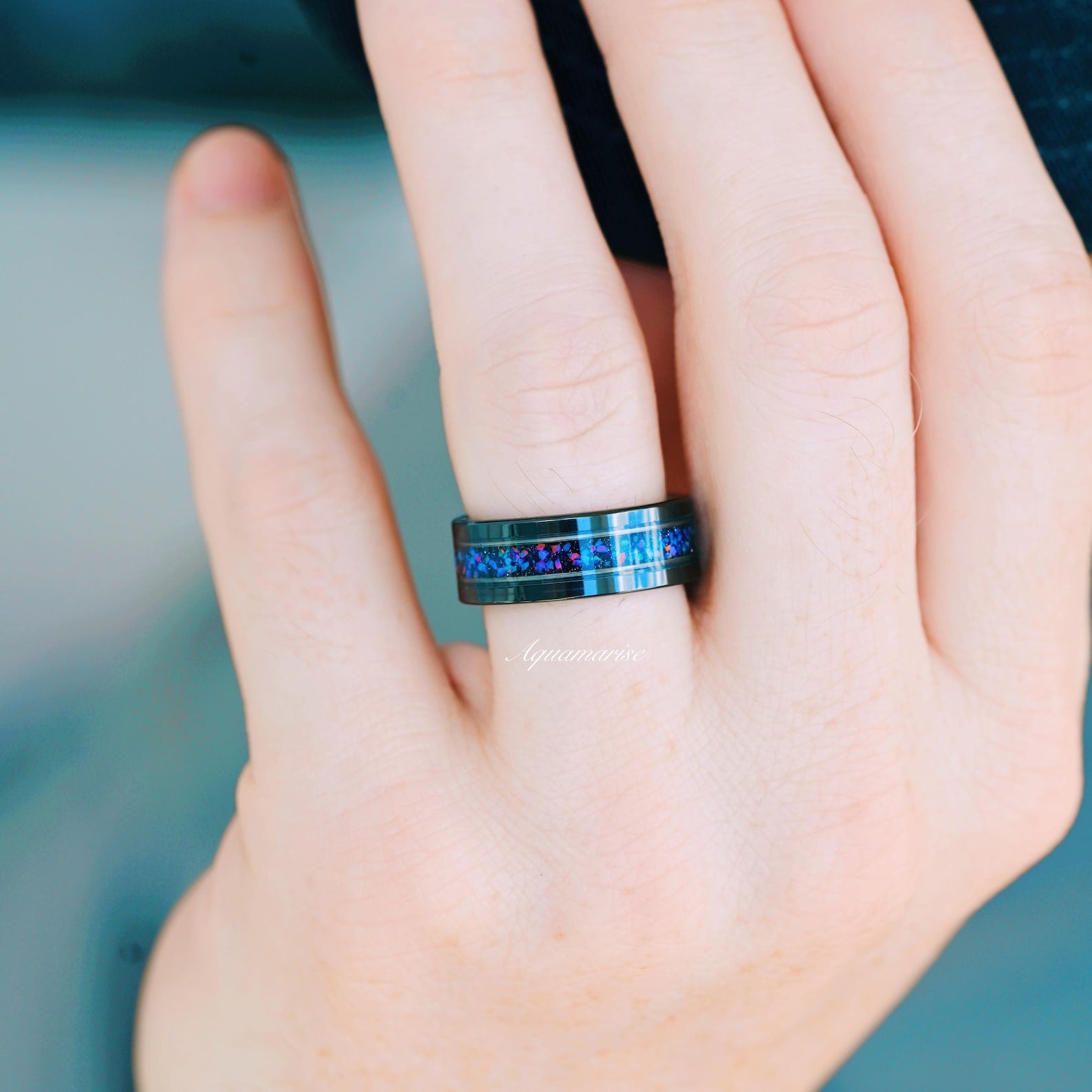 8MM Black Tungsten Wedding Band for Men - Starry Night & Blue Fire Opal Inlay Ring - Durable Comfort Fit Mens Jewelry for Engagement, Anniversary & Special Occasions