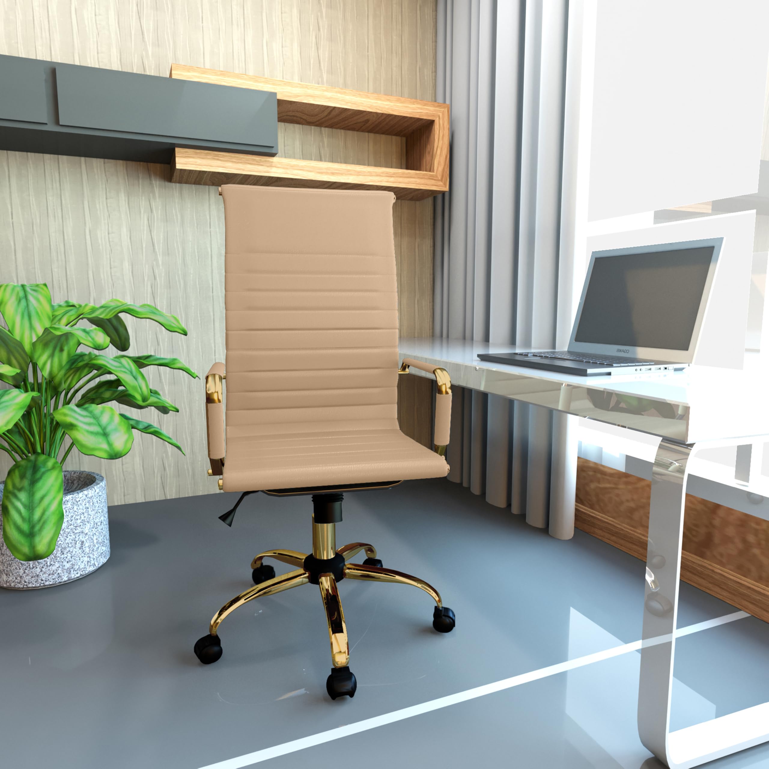 LeisureMod Harris High-Back Office Chair - Modern Leather Executive Chair with Gold Frame & 360 Swivel, Ergonomic Ribbed Design for Home Office, Study & Workspace | Perfect for Long Work Hours & Video Conferencing
