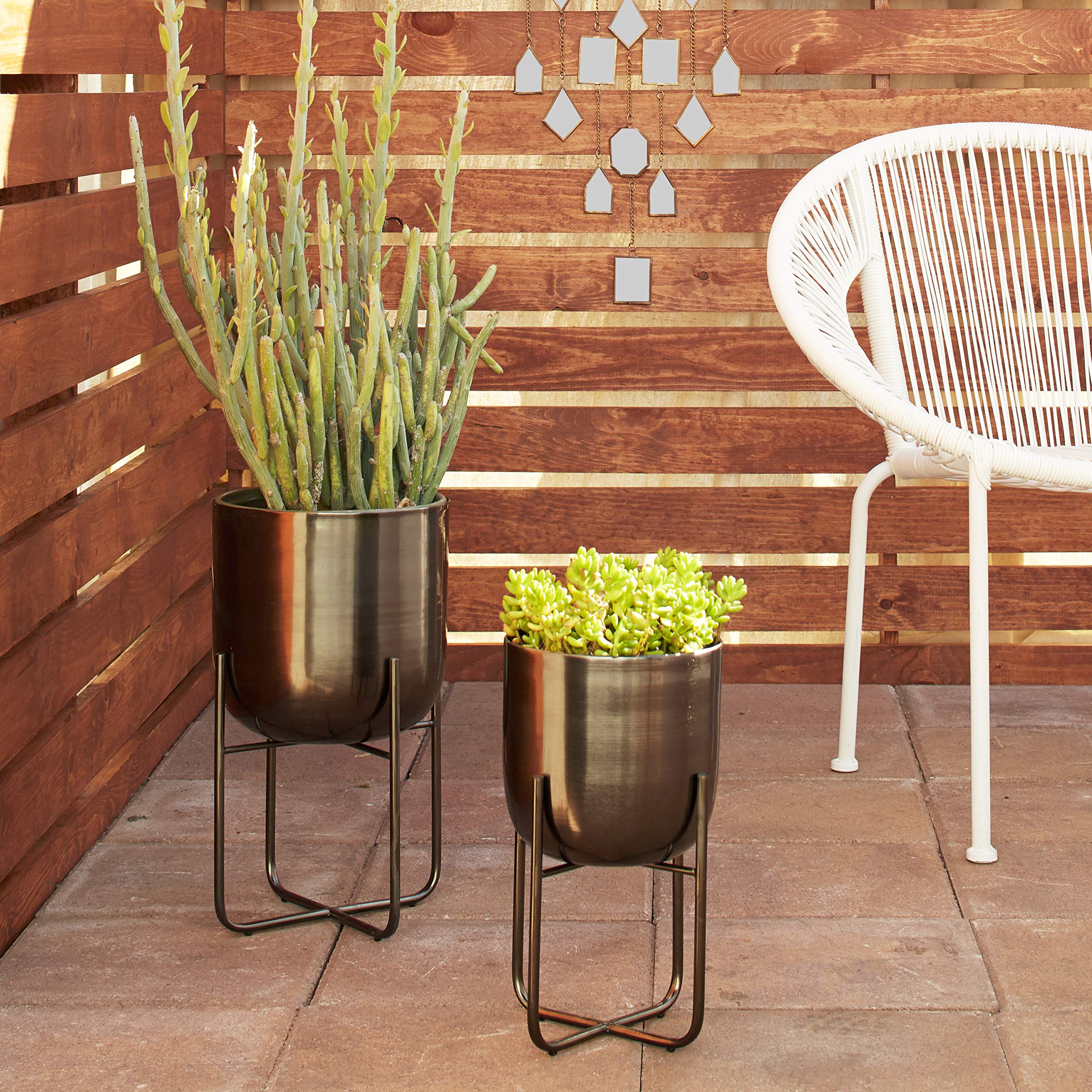 Deco 79 Metal Round Planter Set of 2 - 16 Inch Black Flower Pots with Removable Stand, 13 Inch Height - Modern Indoor Outdoor Garden Decor for Home, Patio, Balcony & Office Plants