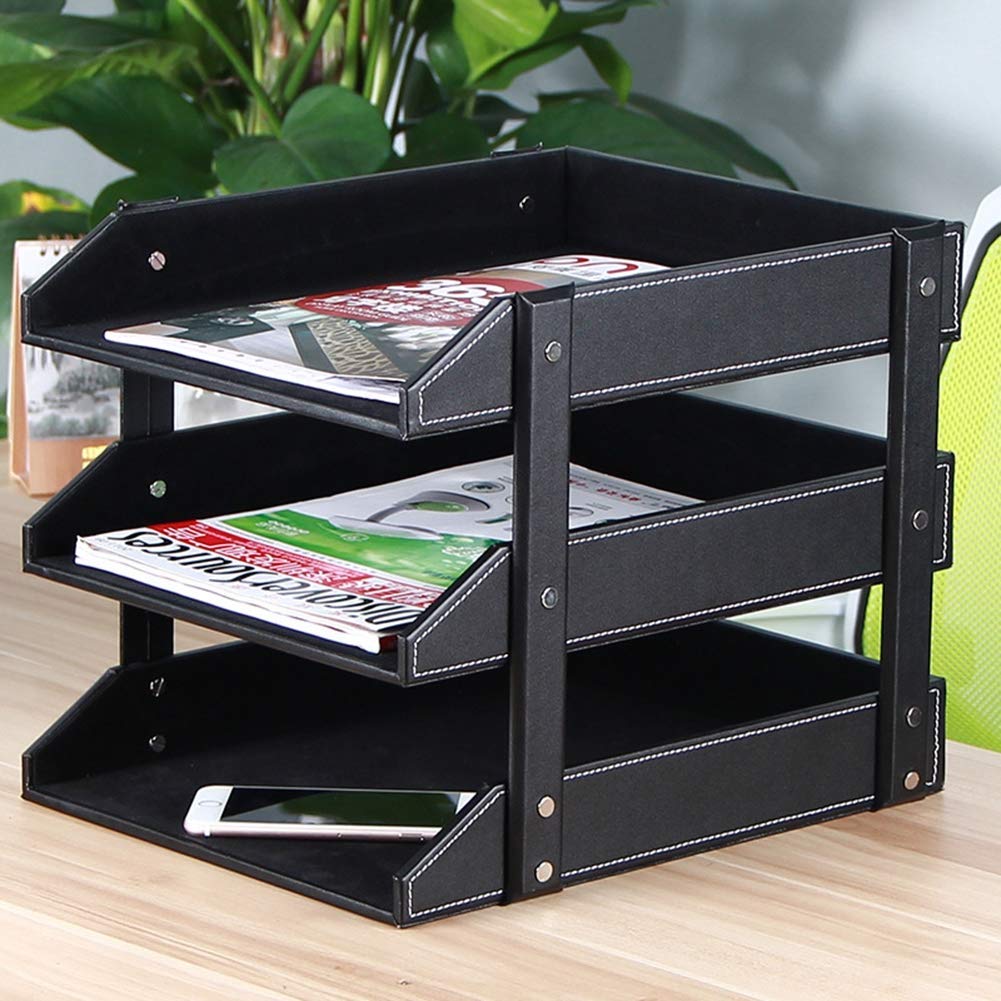3-Tier Leather Magazine Rack & Desk Organizer - Stackable Letter Tray Holder for Paper, Files, Magazines - Perfect Office Organization for Desktop (Black) | Ideal for Home Office, Study Room & Workspace