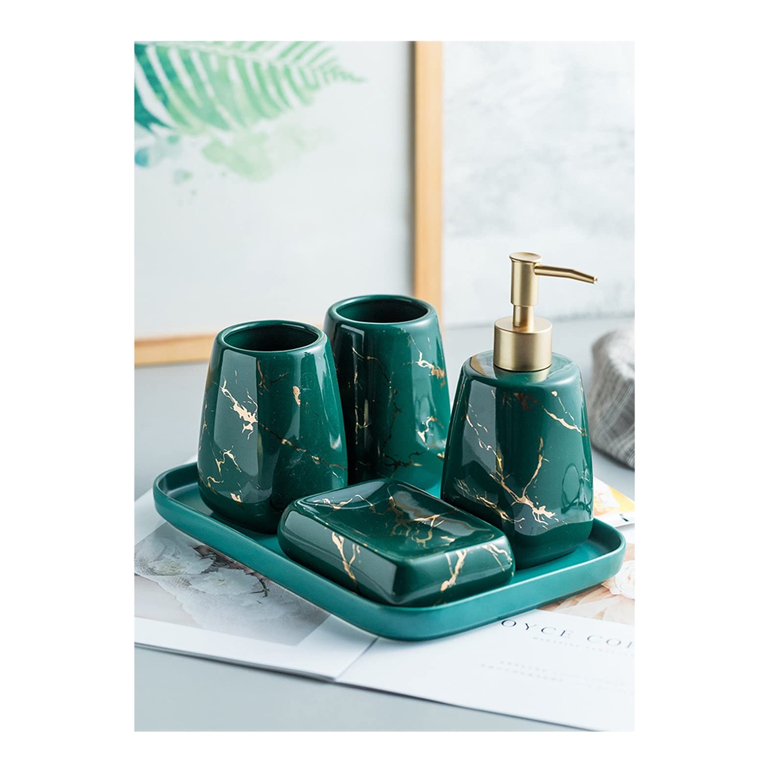 OMIDM 5-Piece Ceramic Marble Soap Dispenser Set - Bathroom Lotion Dispenser, Mouthwash Cup, Soap Dish & Tray - Elegant Blue Marble Pattern for Modern Bathroom Decor - Perfect for Home, Hotel & Spa Use