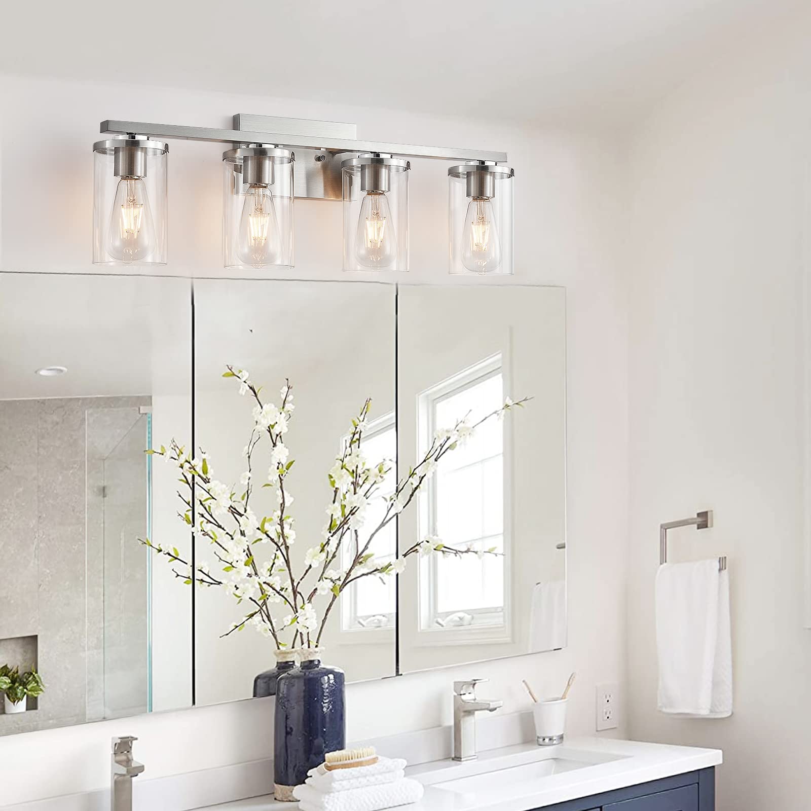 Modern Brushed Nickel 4-Light Bathroom Vanity Light Fixture with Clear Glass Shade - Perfect for Mirror Lighting in Contemporary Bathrooms & Powder Rooms