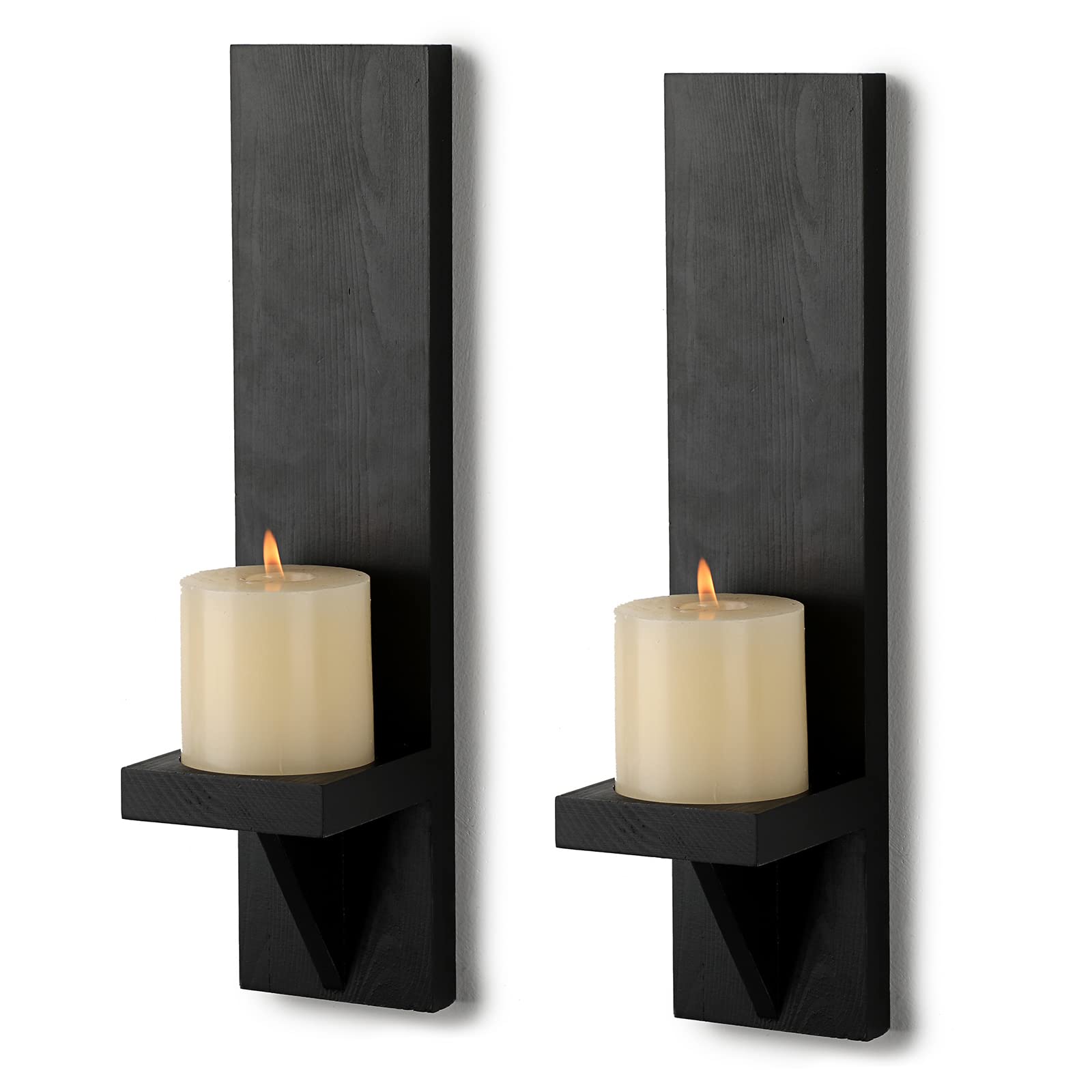 Rustic Black Wooden Wall Candle Sconces Set of 2 - Farmhouse Vintage Pillar Candle Holders for Living Room, Bedroom & Dining Room Decor - Perfect for Cozy Ambiance, Wedding & Holiday Lighting