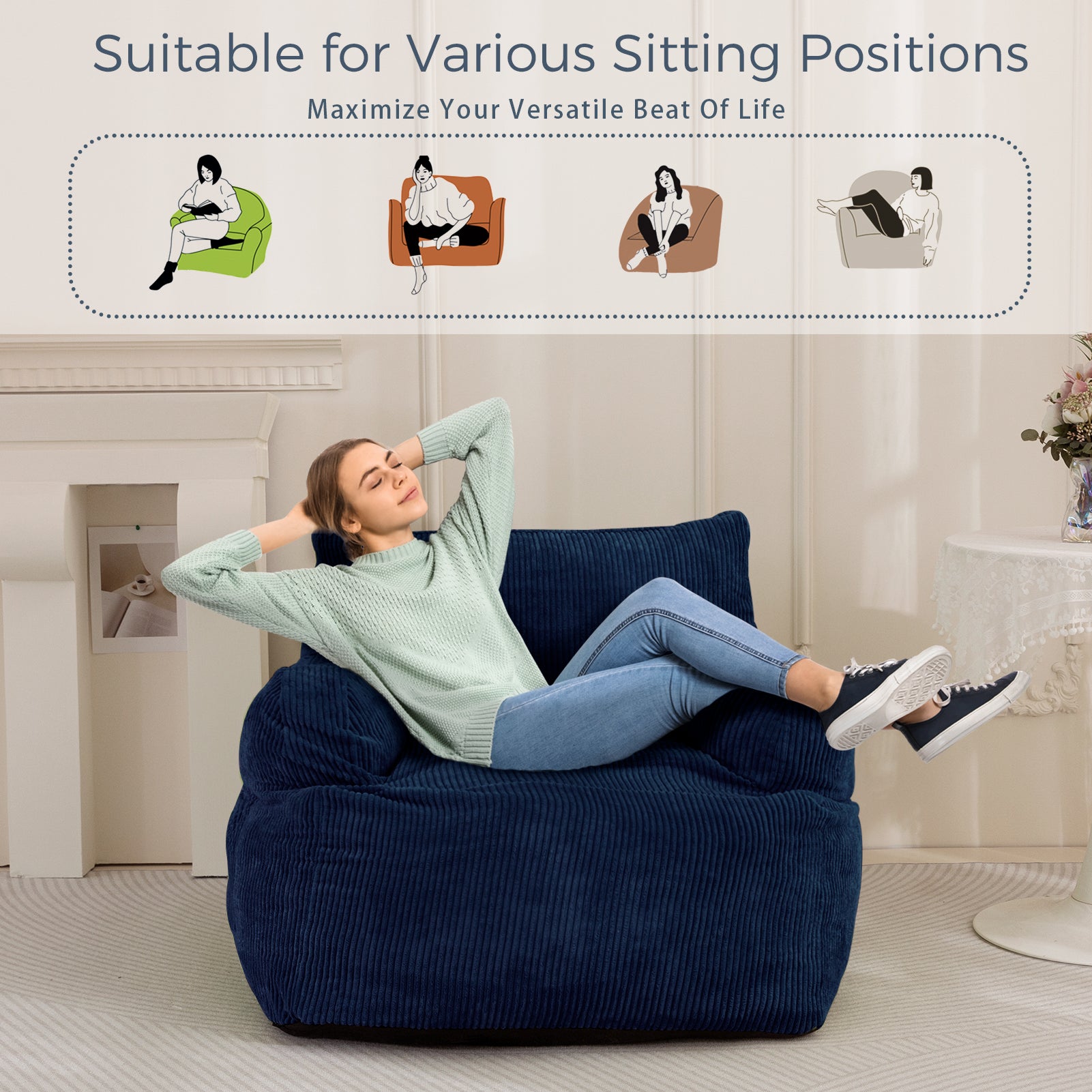 MAXYOYO Giant Bean Bag Chair - Oversized Stuffed Bean Bag Couch for Living Room, Bedroom & Game Room - Navy Blue Comfortable Lounge Seating for Adults & Teens