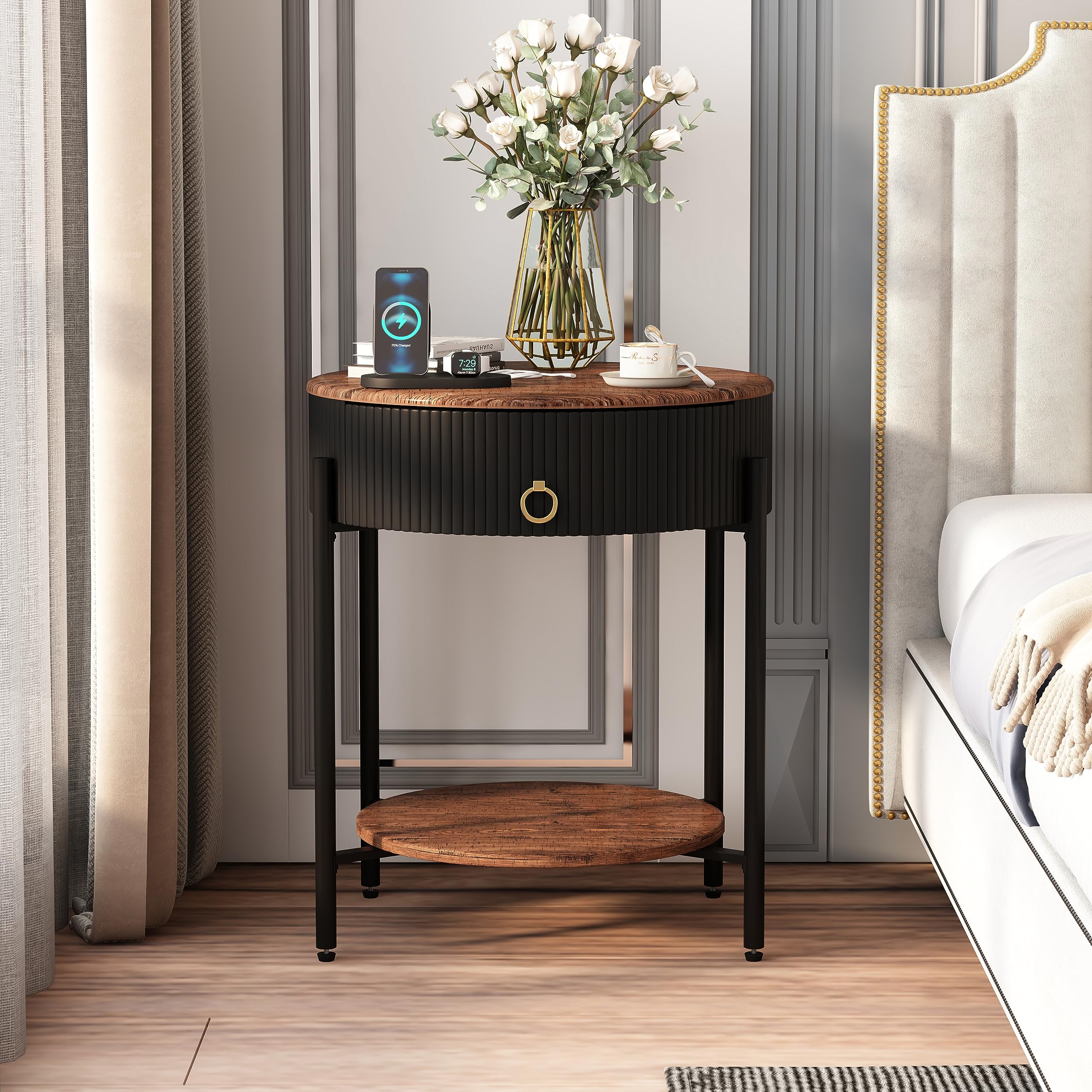 Modern Industrial Side Table with Drawer & 2-Tier Shelf - Wood Grain Nightstand with Storage for Living Room, Bedroom, Office & Dorm - Perfect for Small Spaces & Apartment Living (Black)