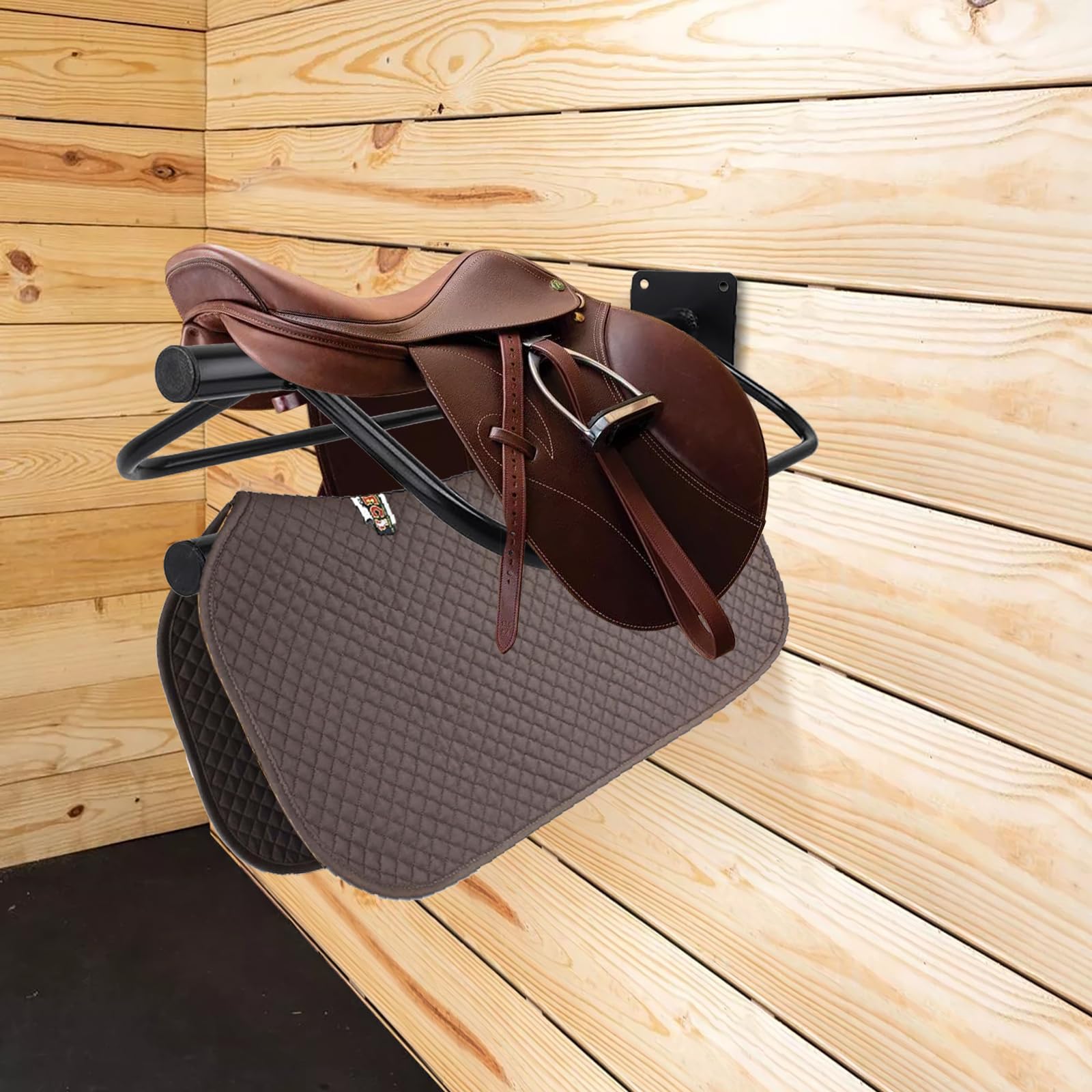 4 Pack Heavy Duty Wall Mounted Saddle Rack with Pad Bar - Sturdy English & Western Saddle Stand for Horses, Blankets & Tack Organization - Perfect for Barns, Stables & Equestrian Storage (Black)