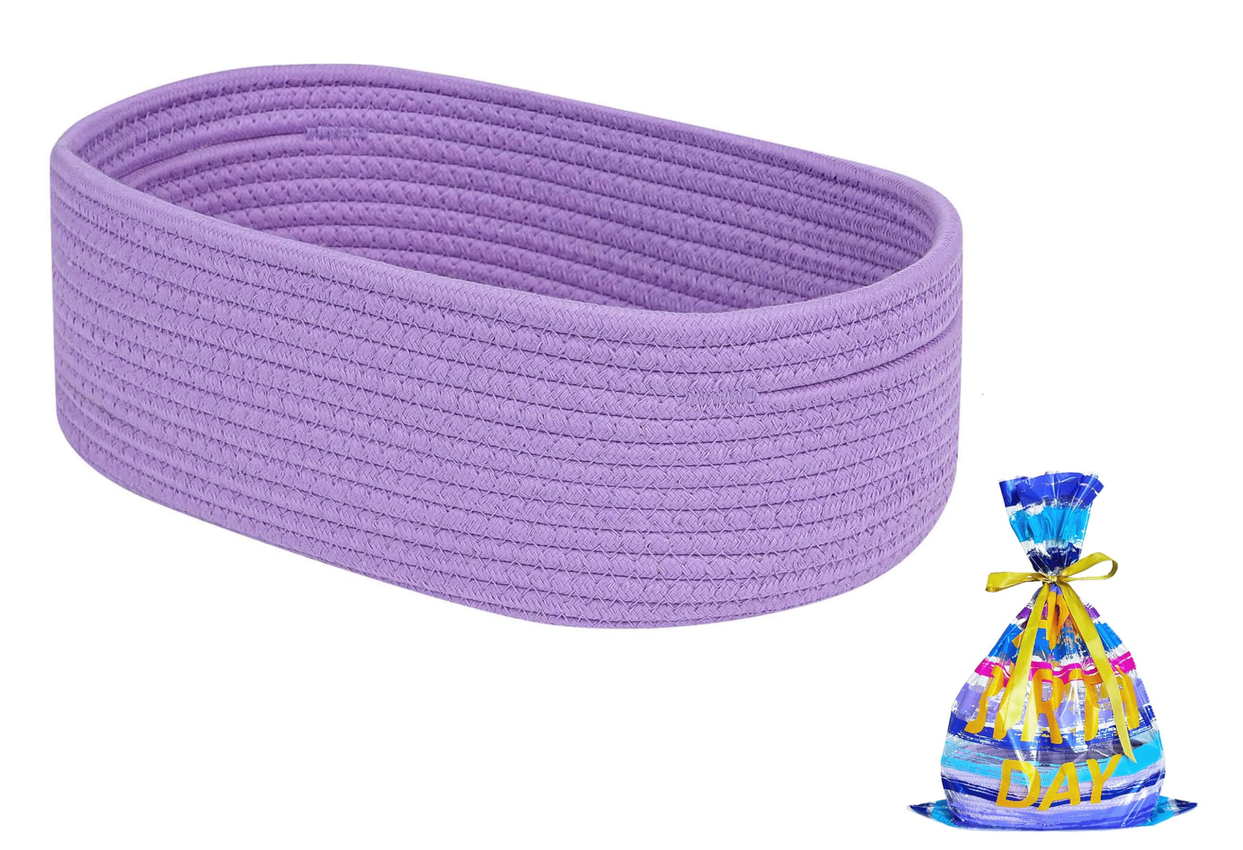 CubesLand Small Woven Storage Basket - Purple Gift Basket with Cello Bag & Ribbon for Baby Toys, Home Organization, Halloween, Christmas, Easter Decor | Perfect for Nursery, Closet, Shelf & Holiday Gifting