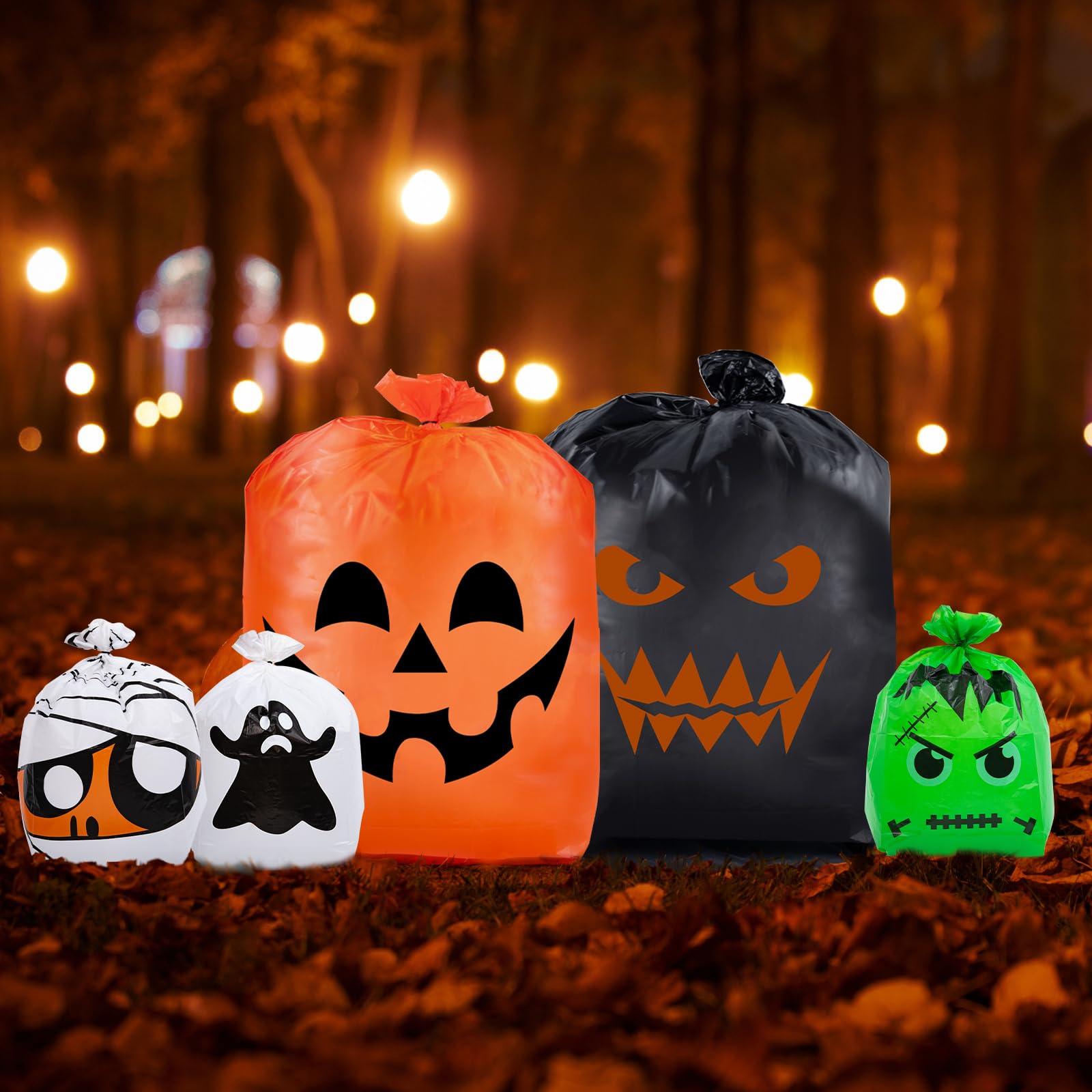 CHANGE MOORE 36-Pack Halloween Leaf Lawn Bags - 5 Spooky Designs with Twist Ties | Pumpkin Decorations & Outdoor Fall Yard Trash Bags for Garden, Lawn, and Halloween Party Decorations