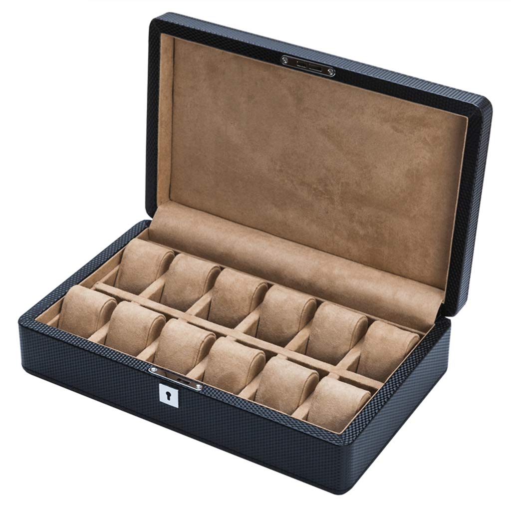 Luxury Carbon Fiber Watch Box for Men - 12 Slot Jewelry & Watch Display Organizer with Bracelet Tray - Perfect for Watch Collection Storage & Gift Giving
