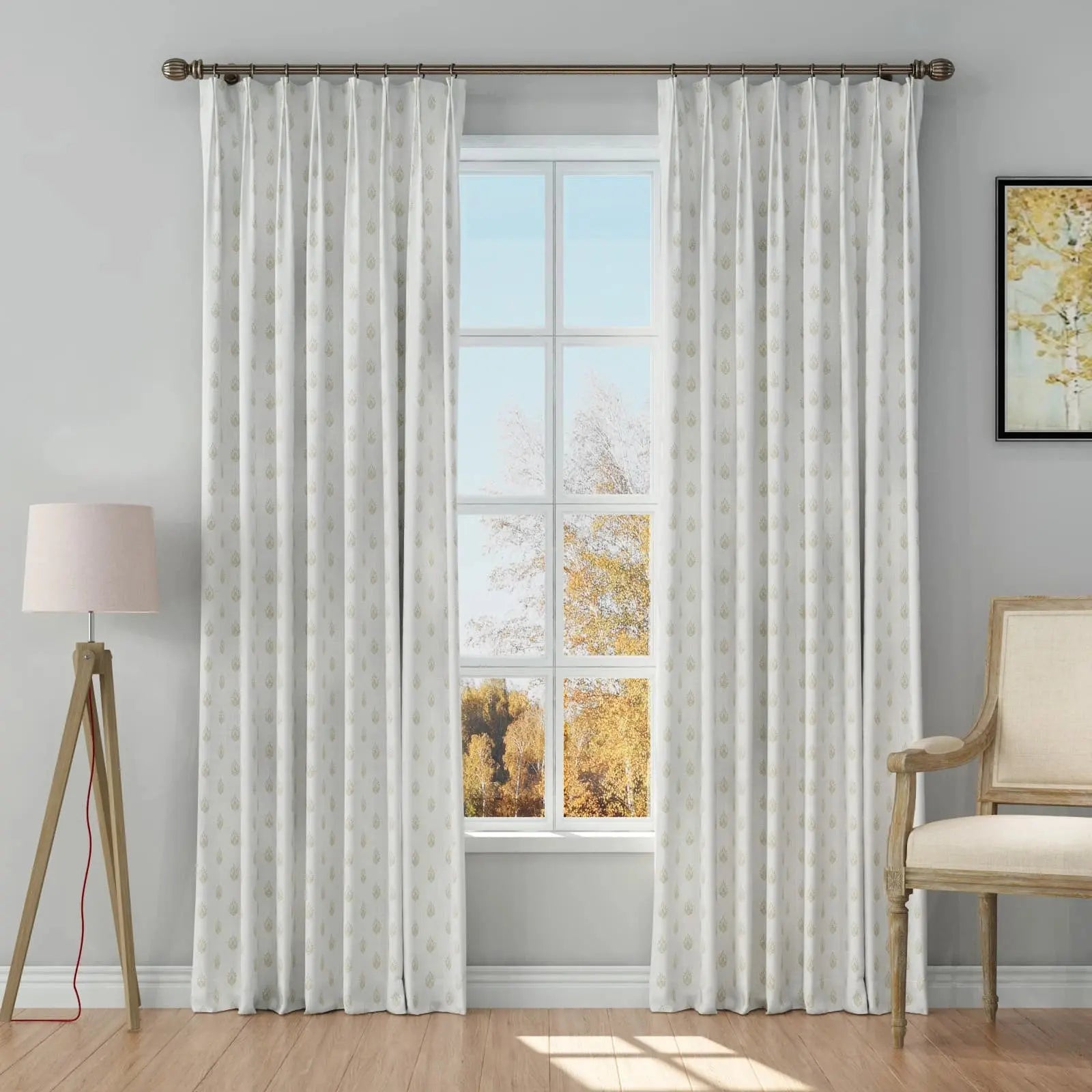 Stefana Silver Print Linen Blend Curtains - Elegant Pleated Drapes for Living Room & Bedroom Window Decor