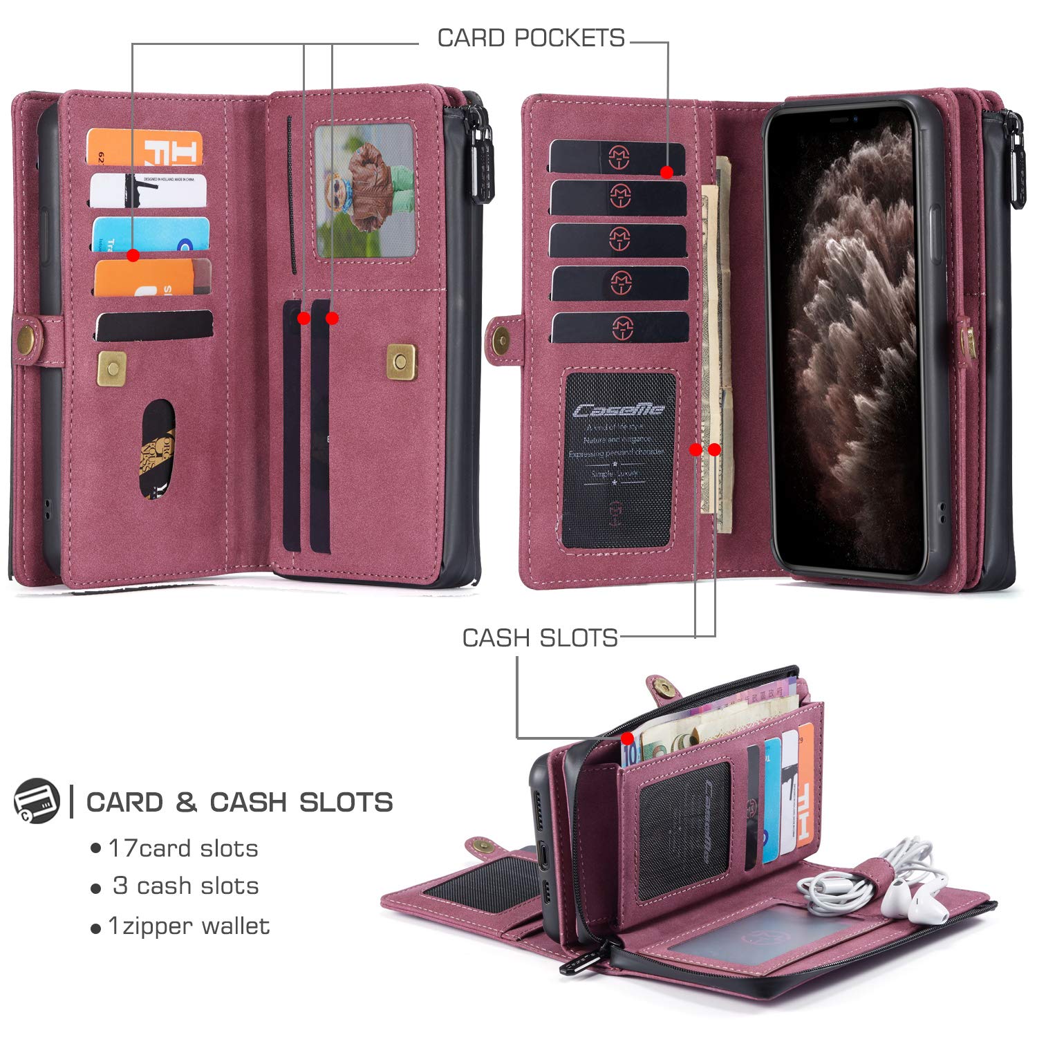 Premium iPhone 11 Pro Max Leather Wallet Case - Detachable Magnetic Zipper Cover with 18 Credit Card Slots, Cash Clip & Wrist Strap | Flip Phone Purse for Men & Women (Red) | Perfect for Travel, Work & Everyday Protection