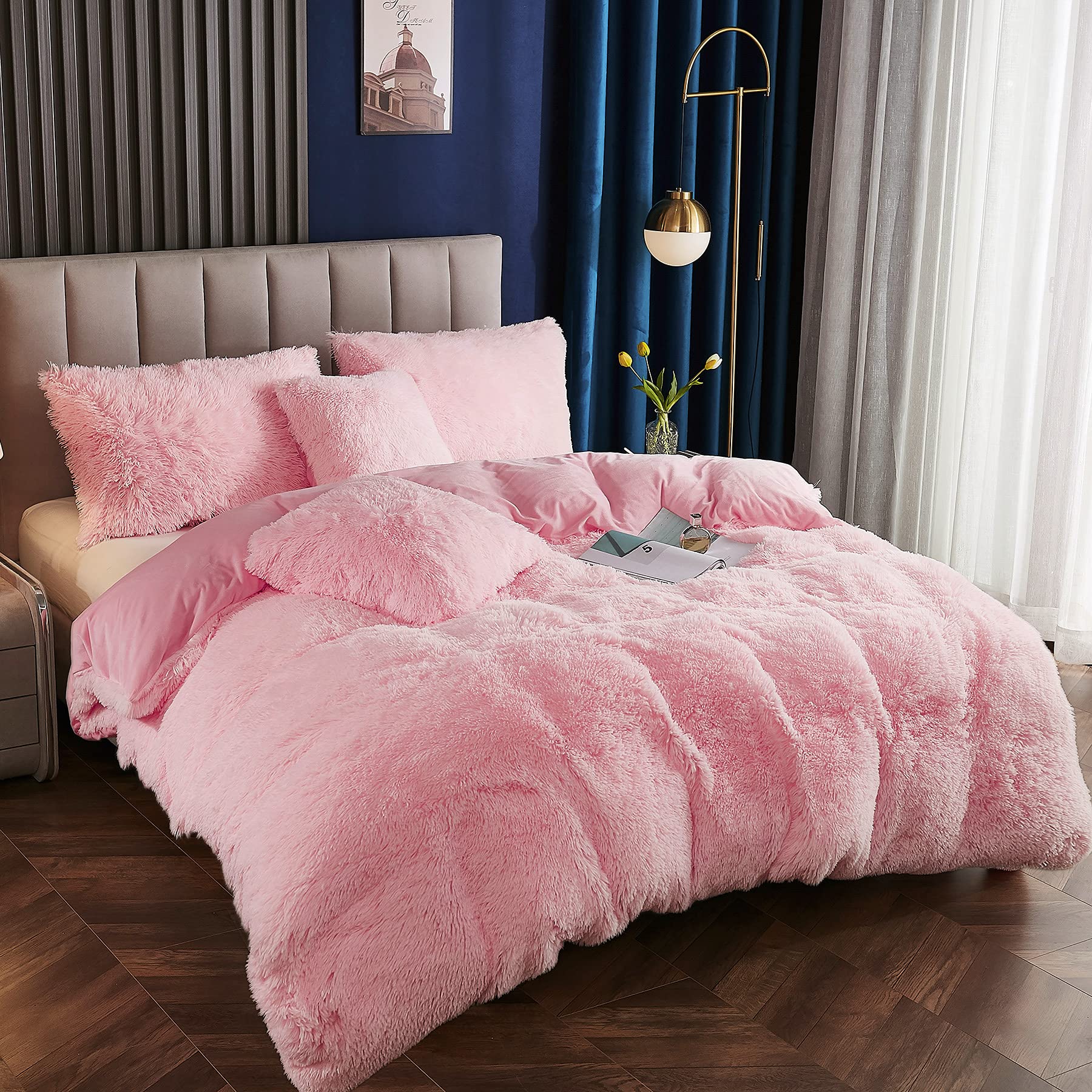 Yaoshuho Plush Fluffy Duvet Cover Twin Size - Ultra Soft Shaggy Faux Fur Comforter Set (1 Duvet Cover + 1 Pillow Sham) - Luxury Bedding for Cozy Winter Nights & Stylish Bedroom Decor - Pink