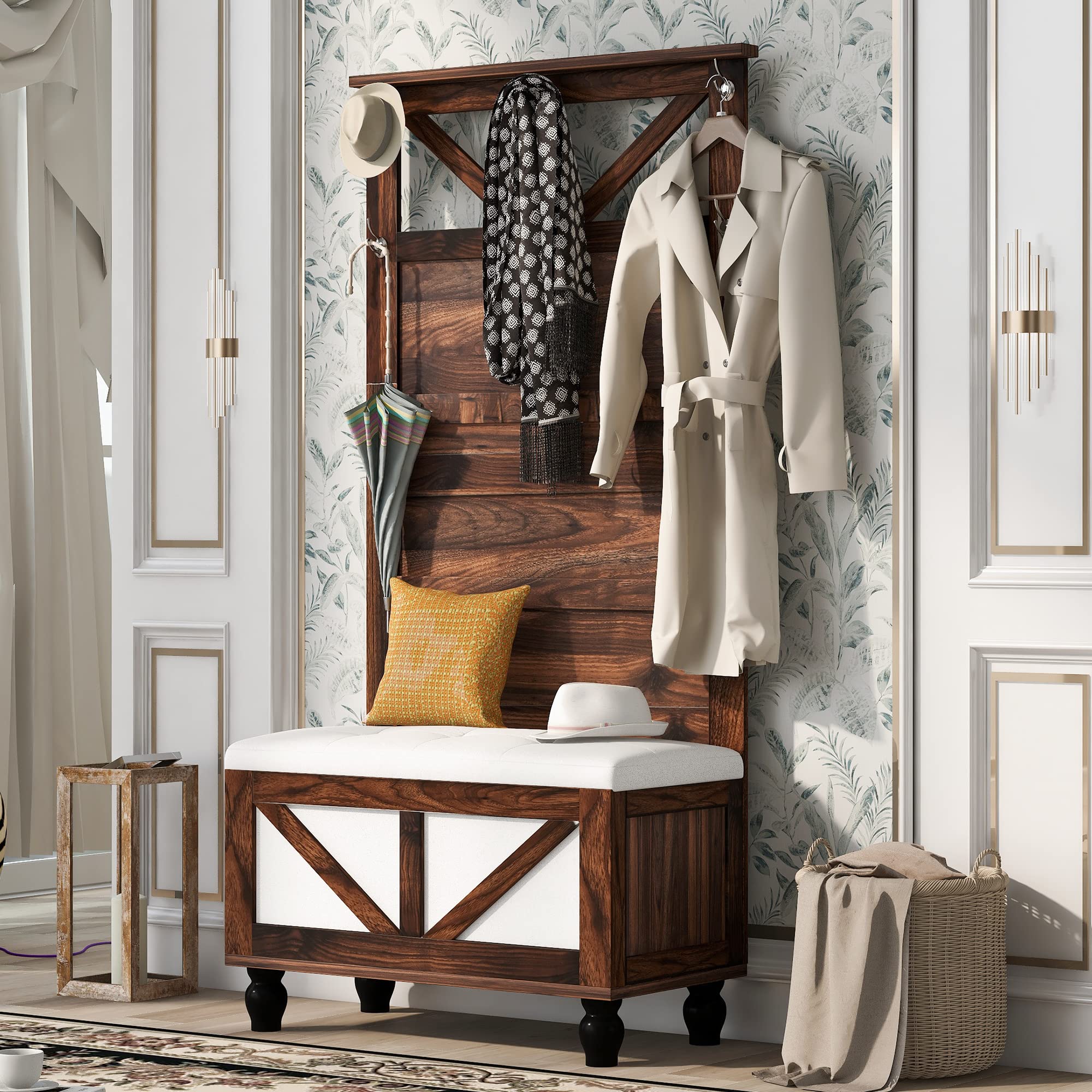 3-in-1 Entryway Hall Tree with 5 Hooks - Coat Rack, Storage Bench & Shoe Organizer - 31.5 Inch Multifunctional Entryway Furniture for Hallway, Foyer & Mudroom - Perfect for Organizing Coats, Shoes & Accessories in Small Spaces