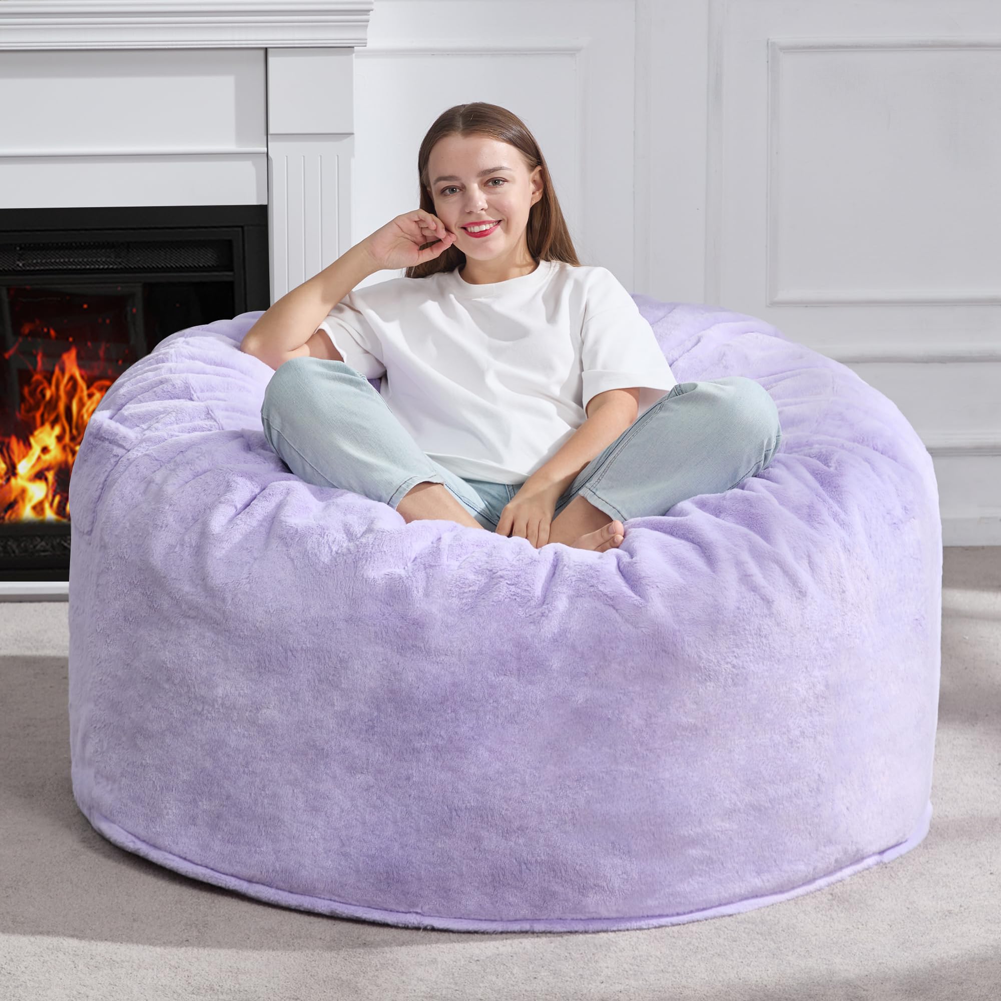 Hobestluk 4ft Large Bean Bag Chair for Adults - Plush Faux Fur Cover, Oversized Lounger for Living Room, Bedroom, Dorm & Office - Purple (44”x44”x24”) - Perfect for Relaxing, Gaming & Movie Nights