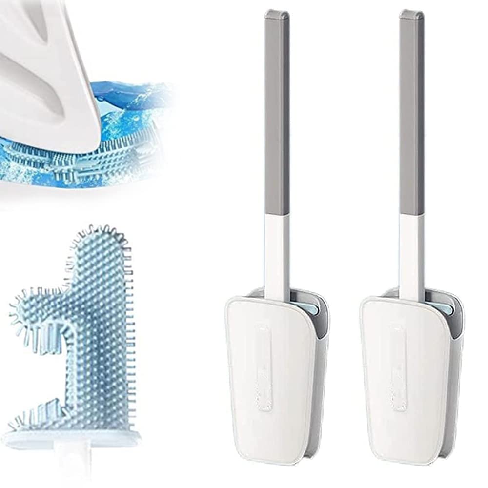Flexible Long Handle Silicone Toilet Brush with Holder - No Dead Corner Design, Non-Slip Grip & Under-Rim Cleaning Head for Deep Cleaning (2-Pack, White) | Perfect for Small Bathrooms, Tight Spaces & Hard-to-Reach Areas