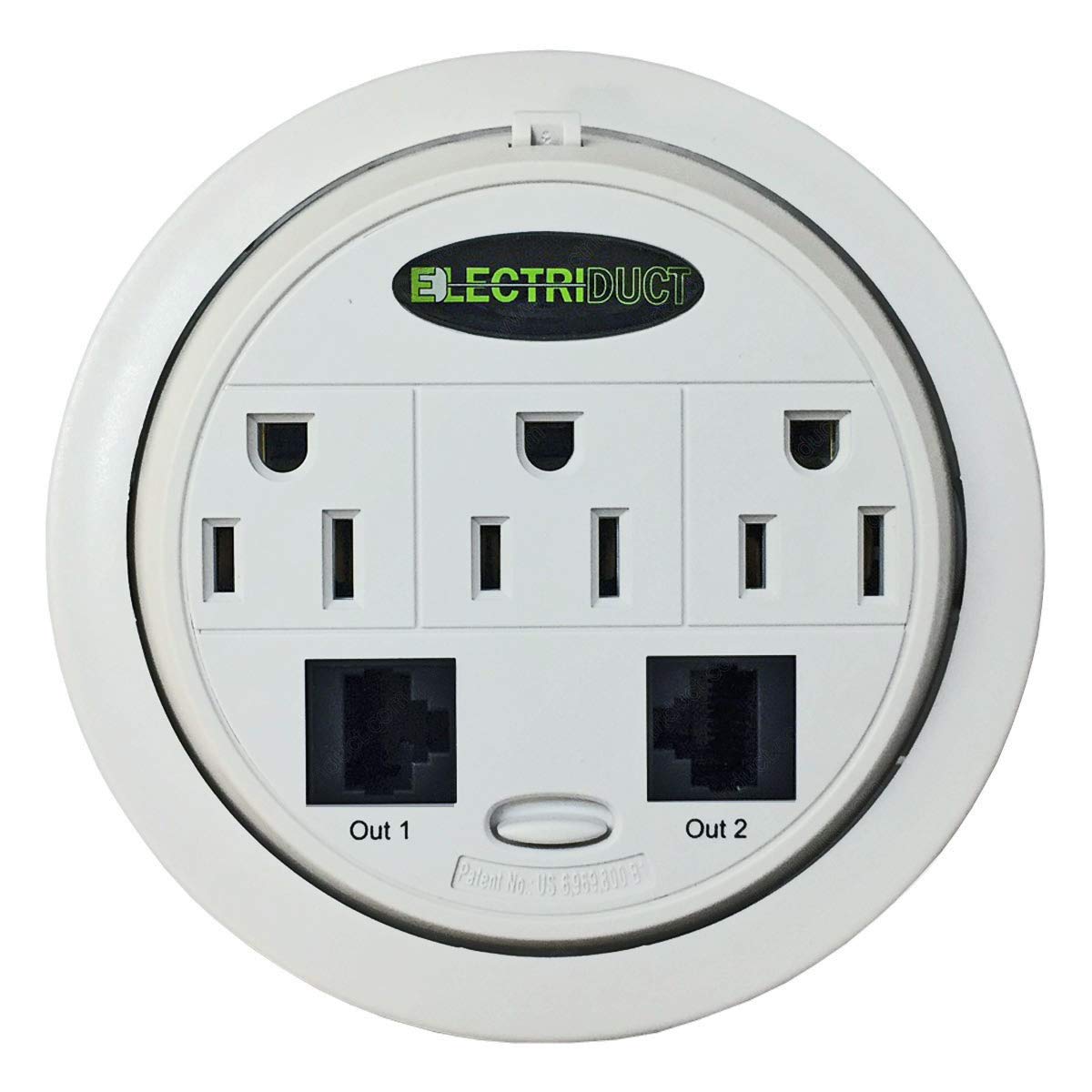 White Power Tap Grommet with Hidden Power Center - 3 Power Outlets & 2 Cat5E Ports for Home Office Desk Cable Management