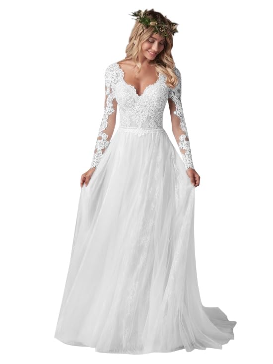 Elegant Long Sleeve Wedding Dress with Tulle Lace Applique - V-Neck A-Line Backless Bridal Gown with Train | Perfect for Church Ceremonies, Beach Weddings & Formal Receptions