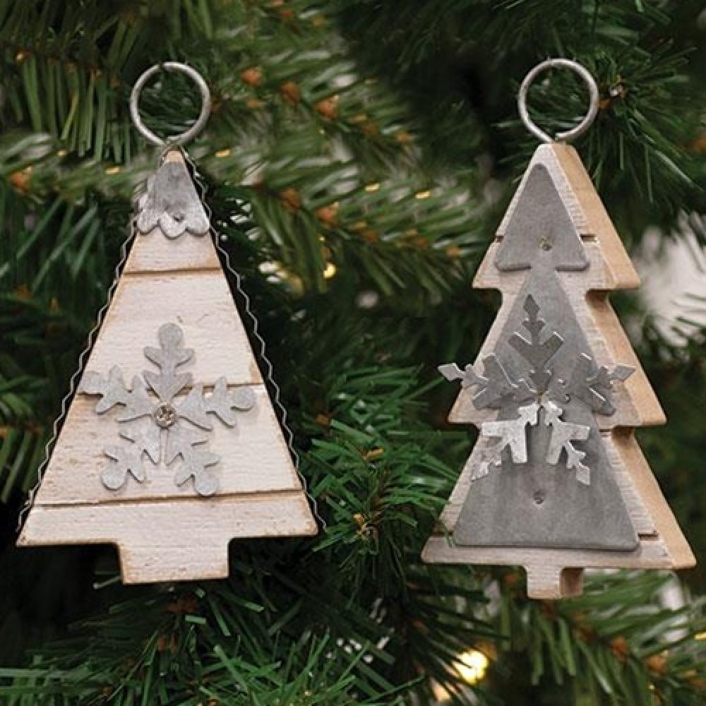 Galvanized Metal Christmas Tree Ornaments - Set of 2 Assorted Rustic Holiday Decorations for Xmas Tree, Home & Office Decor