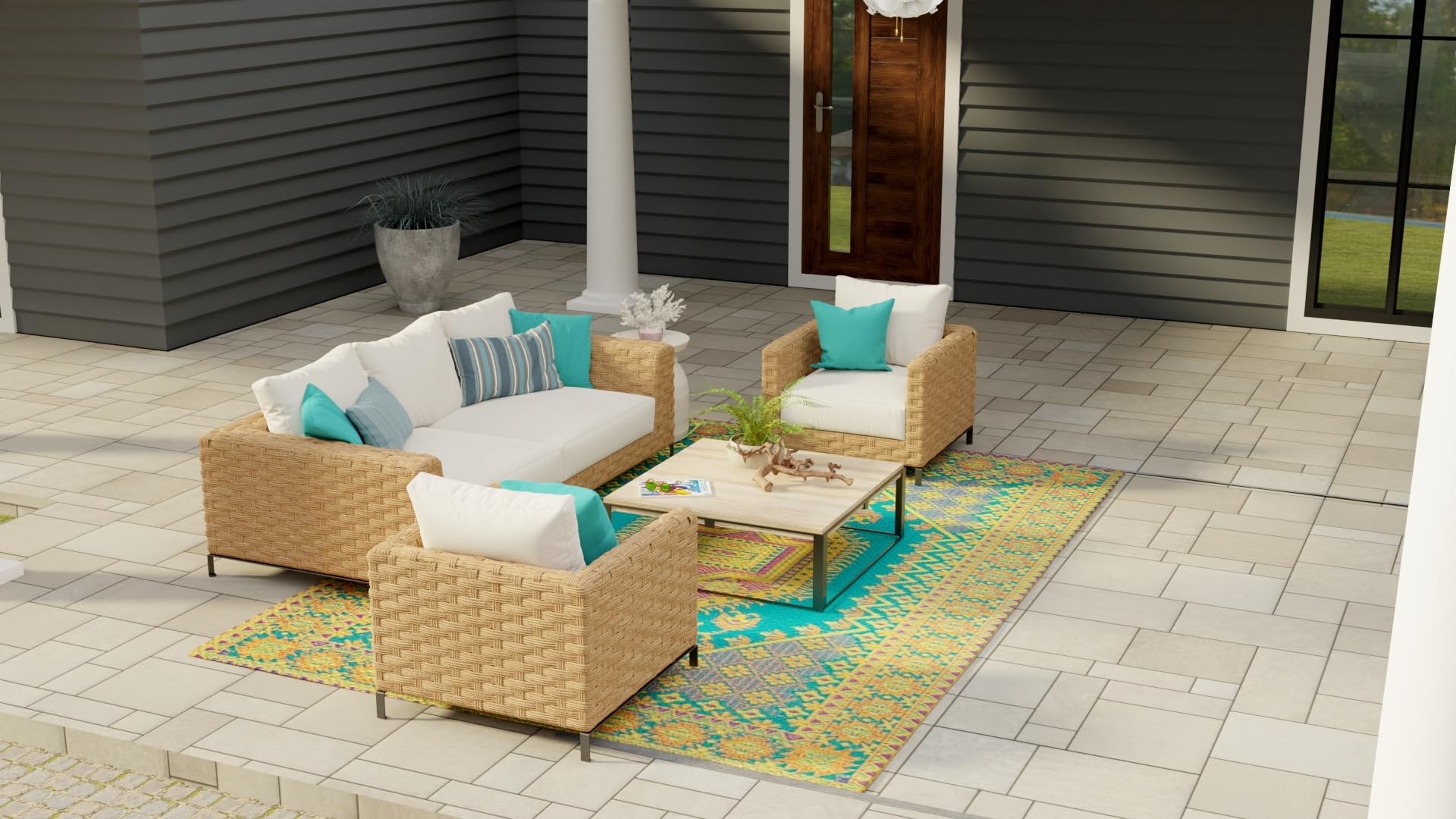 Mad Mats Traditional Reversible Outdoor Rug 5' x 8' - Durable Plastic Mat for Patio, Porch, Poolside, Deck & RV | Waterproof & Easy-Clean | Oriental Turkish Design in Aqua Blue | Perfect for Camping, Mudroom & Outdoor Entertaining