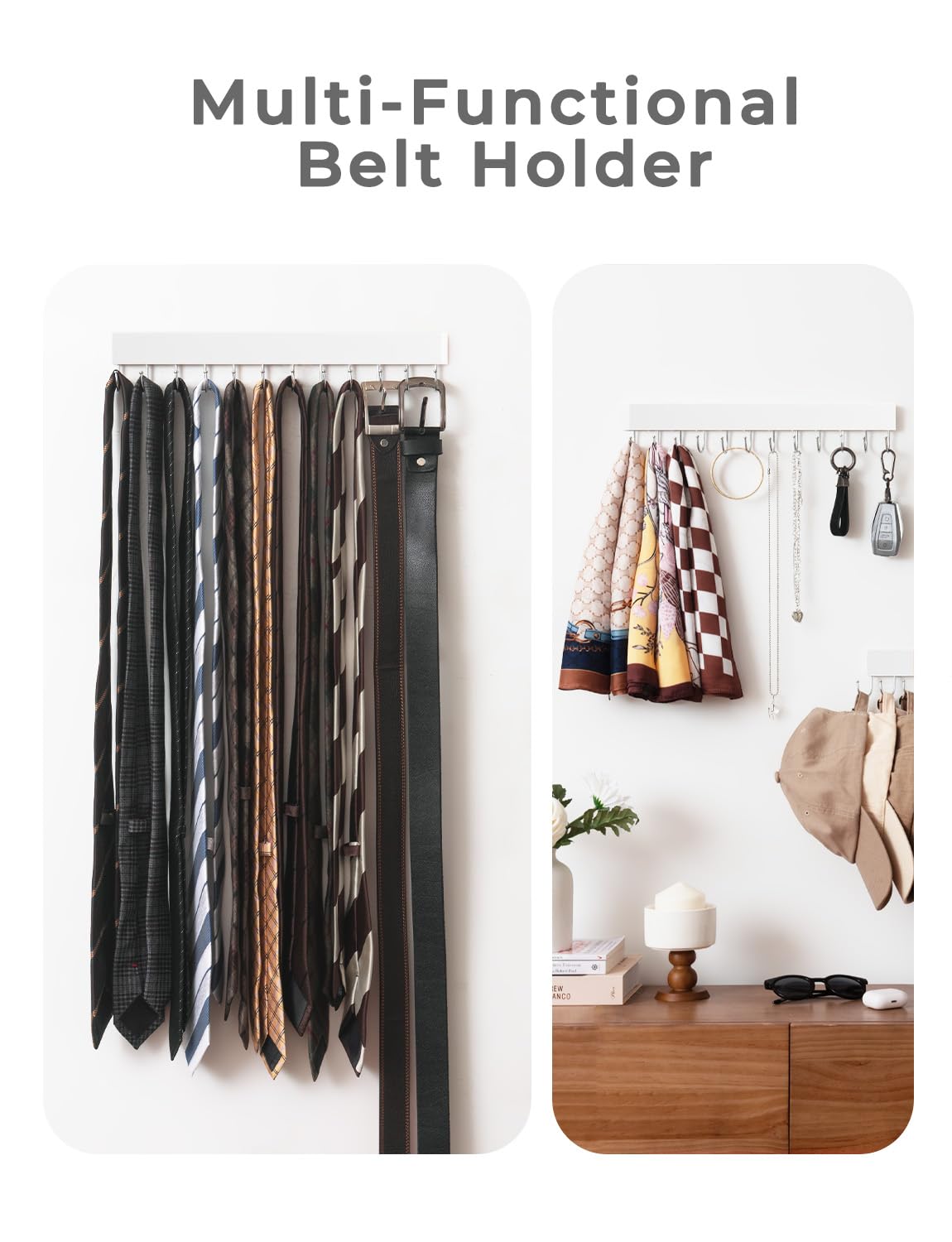 StorageWorks 12-Hook Wall-Mounted Tie Rack - 2 Pack Wooden Hangers for Neckties, Belts & Hats (White) - Perfect for Closet Organization & Accessory Storage