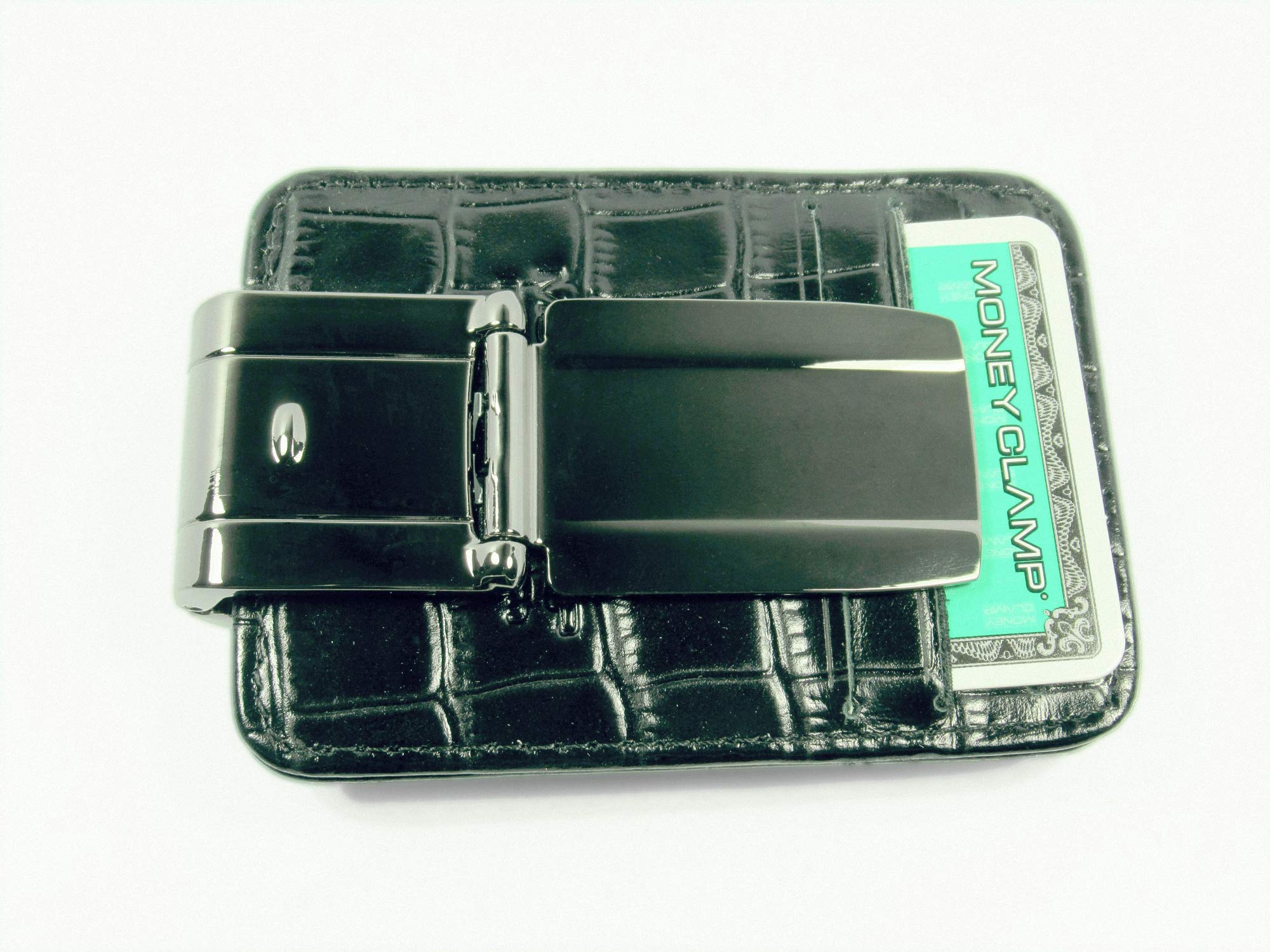 Premium Munich Polished Gunmetal Black Money Clip with Black Crocodile Leather Wallet - Stylish Men's Accessory for Cash & Cards | Perfect for Business, Gifts & Everyday Carry