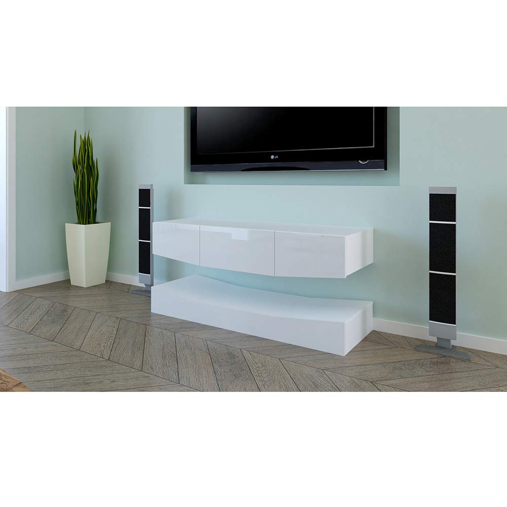 Modern White High Gloss TV Stand with RGB LED Lights - Floating Wall Mounted Entertainment Center Console Table with 2 Shelves for Living Room | Perfect for Gaming Setups & Home Theater Systems
