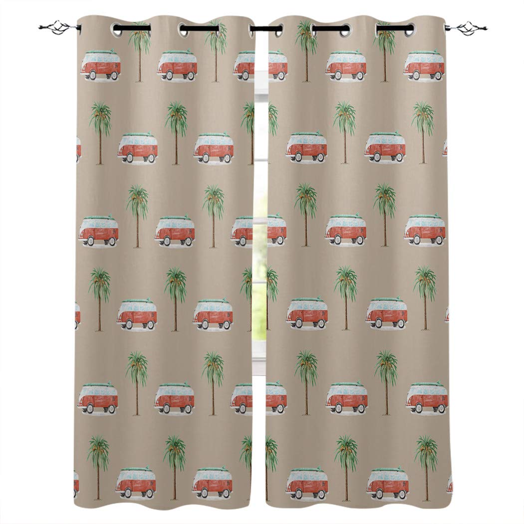 AIESTHER Tropical Palm Tree & Camper Car Blackout Curtains - Thermal Insulated Room Darkening Window Drapes for Living Room & Bedroom (2 Panels, 52x84 Inches) - Perfect for Summer Decor, Beach House & RV Camping