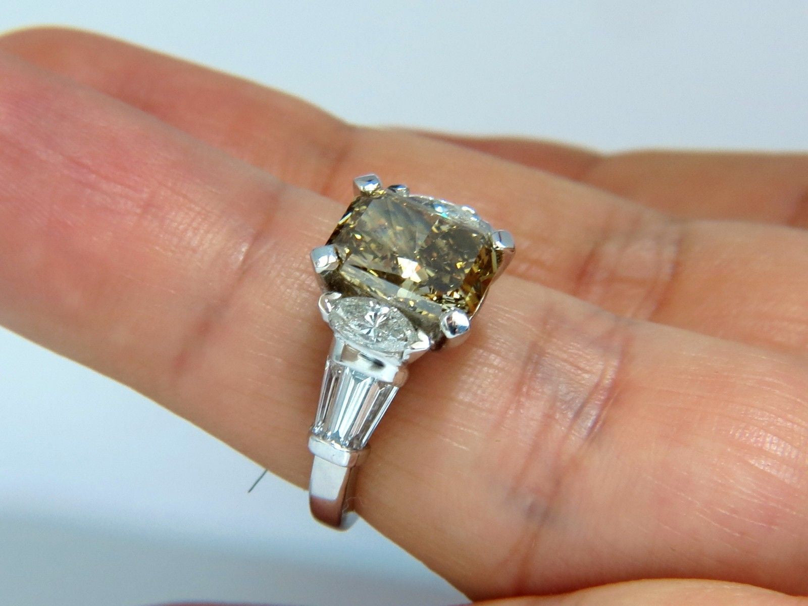 4.12ct GIA Certified Radiant Fancy Brown Green Yellow Diamond Platinum Ring for Engagement, Wedding, Anniversary & Special Occasions