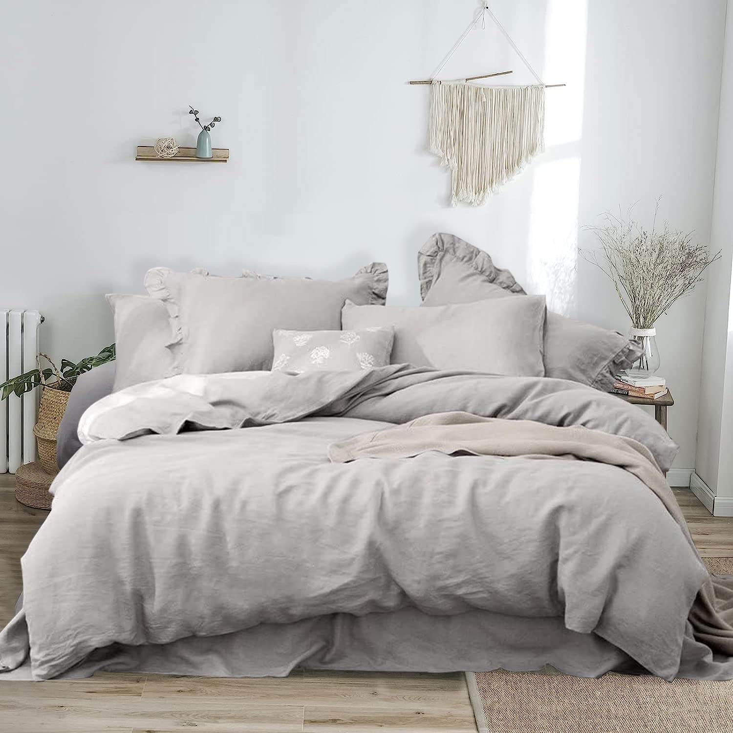 Premium 100% French Flax Linen Duvet Cover Set Queen Size - 3 Piece Breathable Luxury Bedding Set in Grey | Perfect for Master Bedroom, Guest Room & Cozy Home Decor