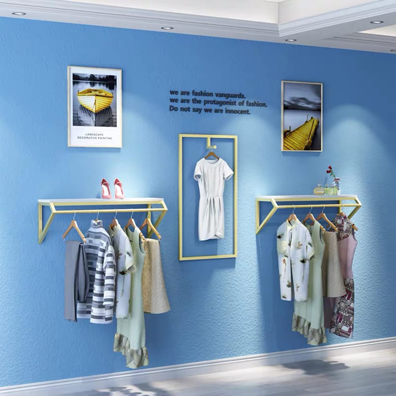 Modern Heavy Duty Metal Wall-Mounted Garment Rack with Wood - Gold Square Tube Clothes Rail for Men's & Women's Clothing Store Display or Bathroom Hanging Towel Organizer (Model B-39 L)