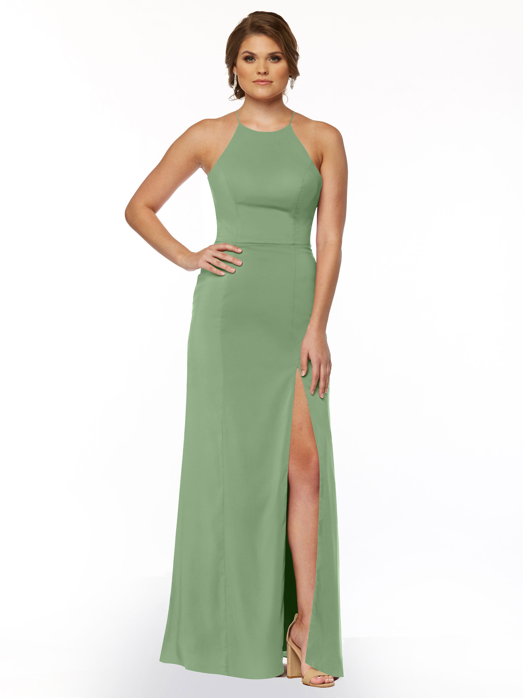 Elegant 83026 Sheath Stretch Chiffon Bridesmaid Dress with Halter Neckline & High Slit - Perfect for Weddings, Formal Events & Special Occasions