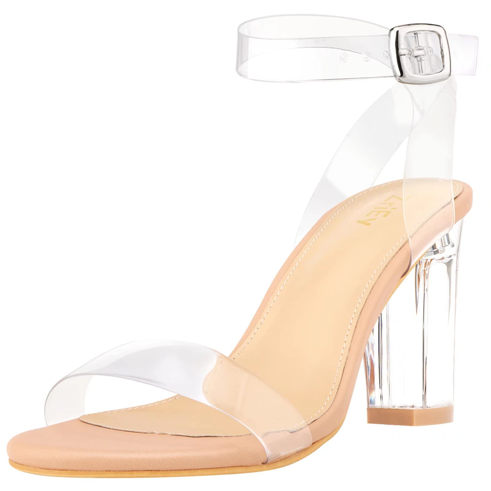 ZriEy Women's Chunky Clear Block Heel Sandals - Strappy Platform Ankle Strap Adjustable Buckle Lucite High Heels | Perfect for Parties, Weddings & Night Out
