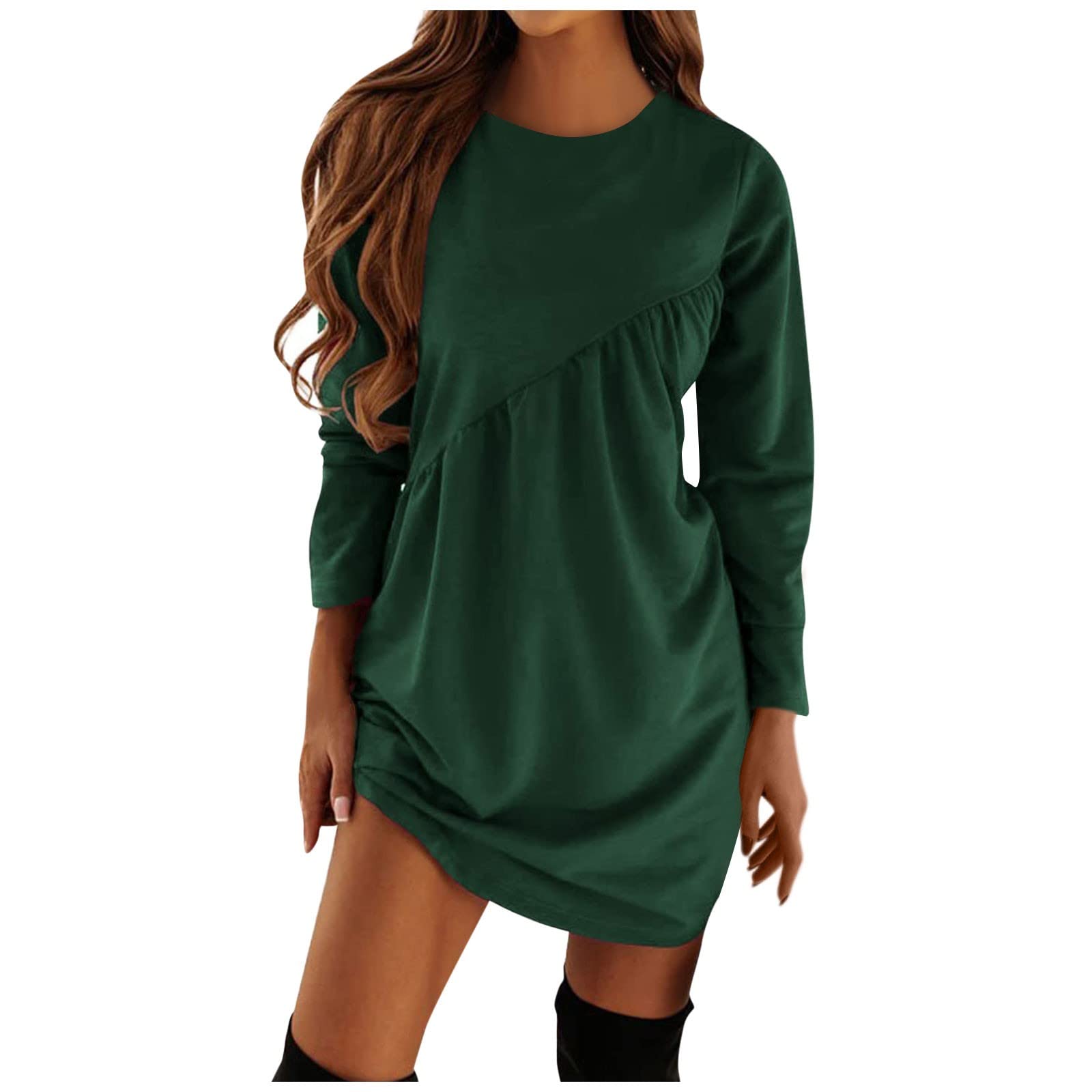 Mebamook Women's Long Sleeve Solid Color Round Neck T-Shirt Dress - Winter & Fall Casual Dress with Asymmetrical Hem - Perfect for Office, Date Night and Holiday Parties
