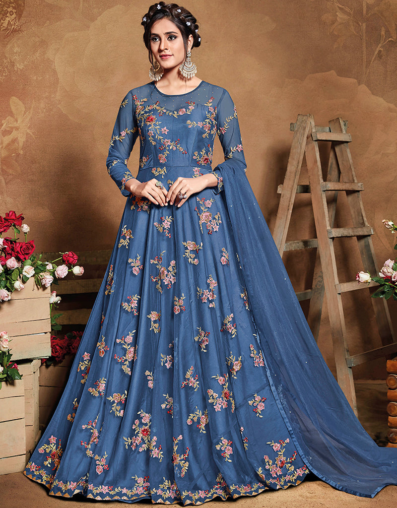 Blue Butterfly Net Pant Anarkali Dress - Elegant Pakistani Indian Ethnic Wear for Women - Perfect for Weddings, Parties & Festive Occasions