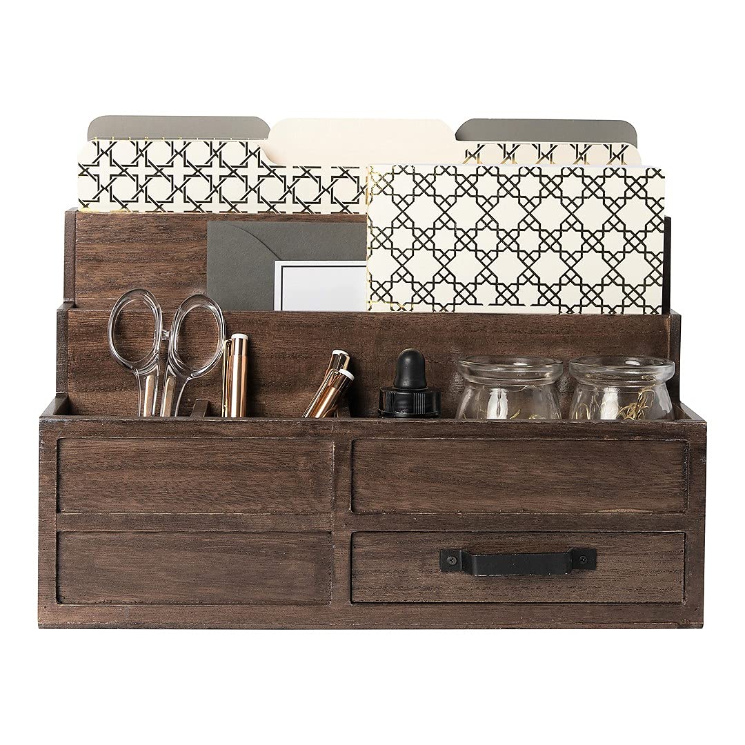 Blu Monaco Brown Wood Mail Organizer with Drawer & Pen Holder - Desktop Bill Sorter, Paper Storage Organizer for Home Office, Kitchen Countertop & Entryway Organization