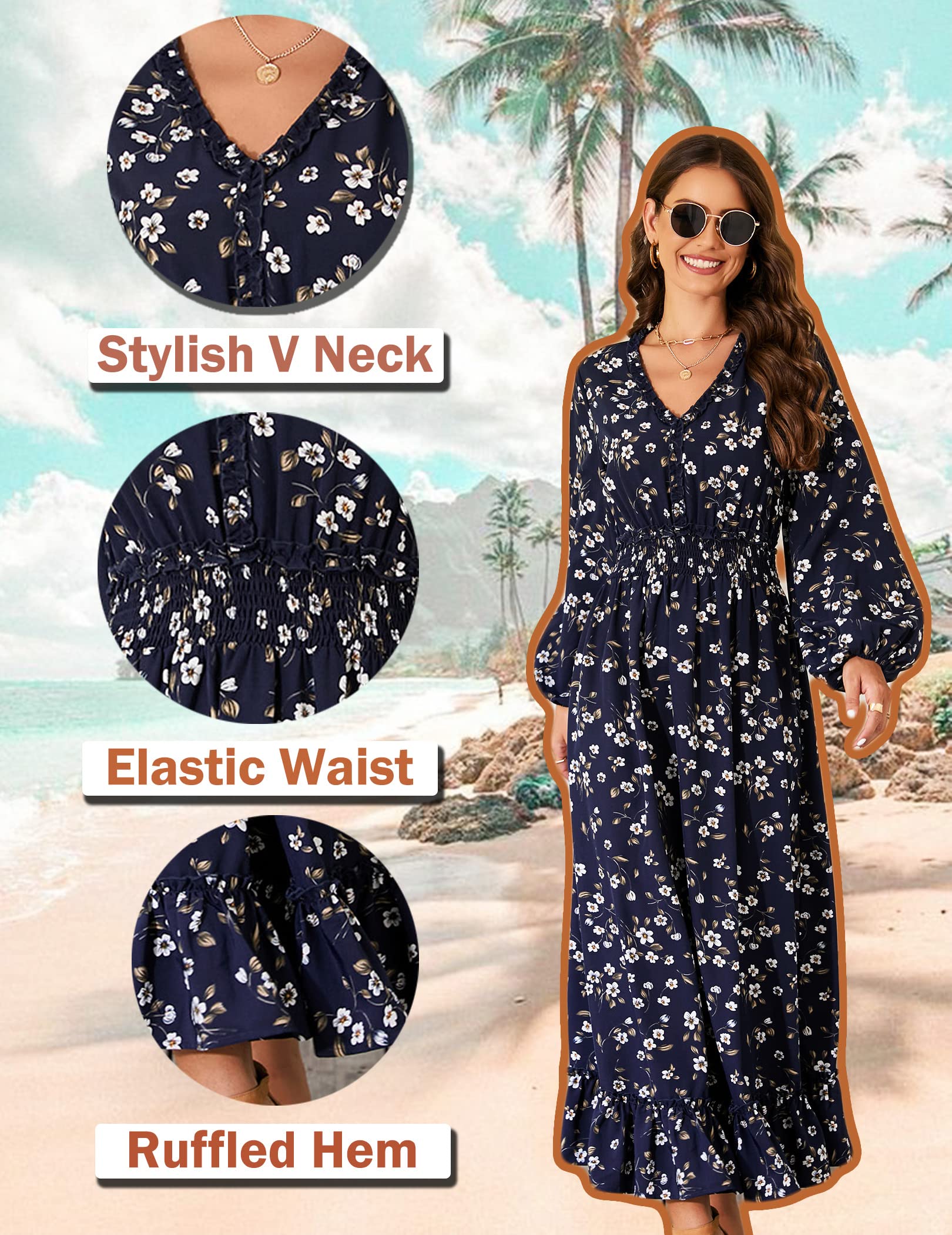 MISSKY Women's Casual V-Neck Boho Floral Print Maxi Dress - Bohemian Flowy Wedding Guest Dress for Beach, Party & Summer Vacation