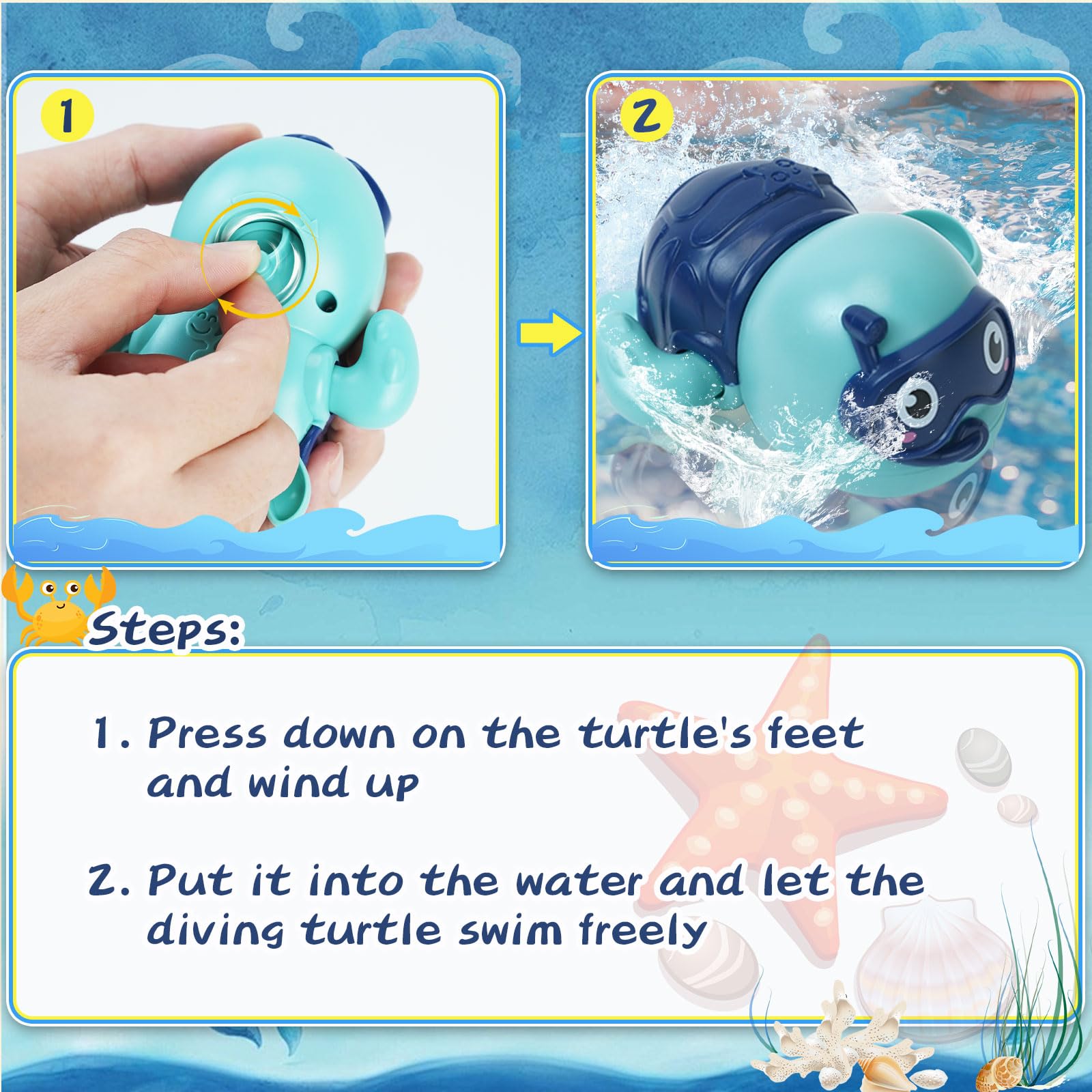 Safe Mold-Free Ocean Animal Bath Toys for Toddlers 1-3 Years - Wind Up Swimming Turtle Pool Toys with Fishing Net & Storage Bag | Fun Floating Water Play for Bathtime, Pool Parties & Early Learning