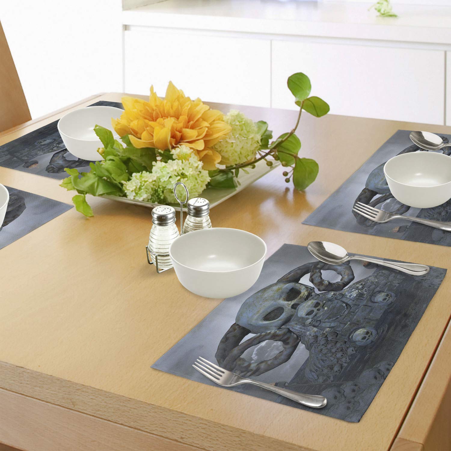 Ambesonne Skull Place Mats Set of 4 - Gothic Halloween Table Decor with Skulls, Horns & Torches - Washable Fabric Placemats for Dining Room, Kitchen, or Halloween Party - Blue Grey Grey