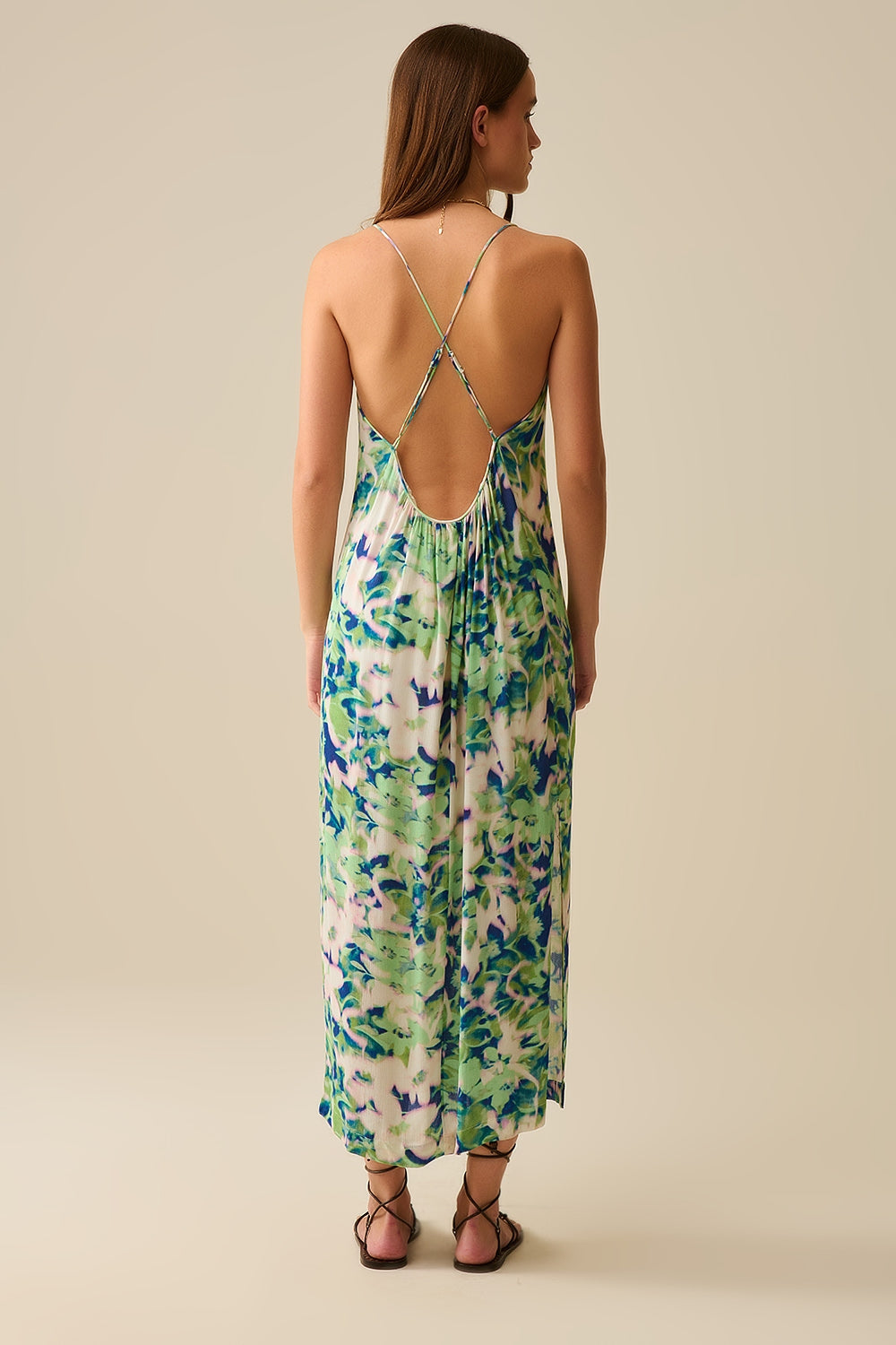 Floral Print Long Green Dress with Deep Back Cutout - Perfect for Summer Parties, Beach Vacations & Date Nights